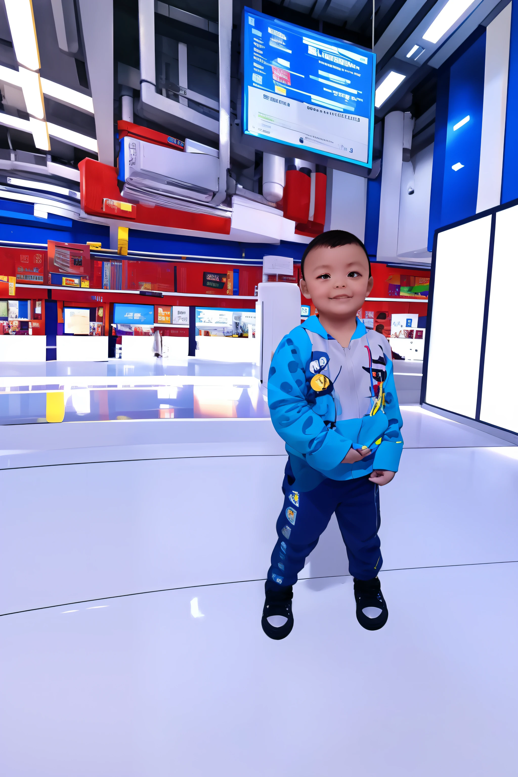 Little boy standing in a bright basketball hall, Wearing a blue basketball shirt，Lovely，friendly，Boy with short hair，Baby face，Happy smile，Bright round eyes，Long eyelashes，jinyiwei, Li Zixin, 8 year old, sunshine on body, inspired by Zhang Zongcang