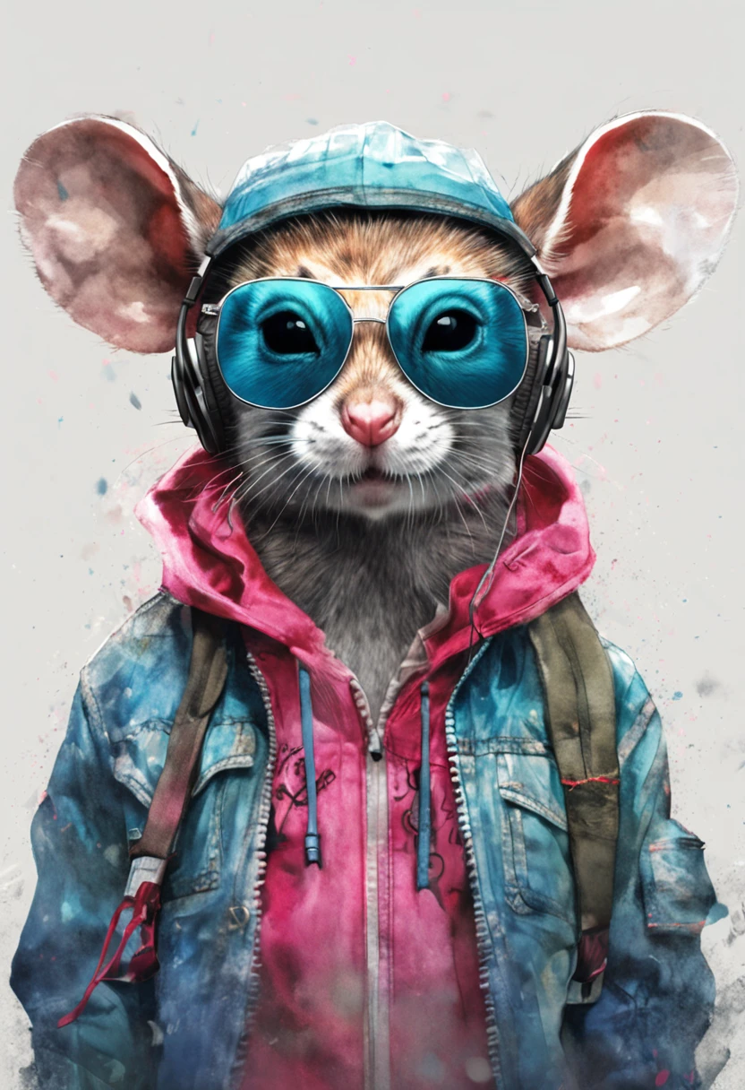 Perfect centering, A cute little mouse, Wear a student team jacket, Wearing sunglasses, Wearing headphones, cheerfulness, Standing position, Abstract beauty, Centered, Looking at the camera, Facing the camera, nearing perfection, Dynamic, Highly detailed,  smooth, Sharp focus, 8K, high definition resolution, illustration, Art by Carne Griffiths and Wadim Kashin, White background