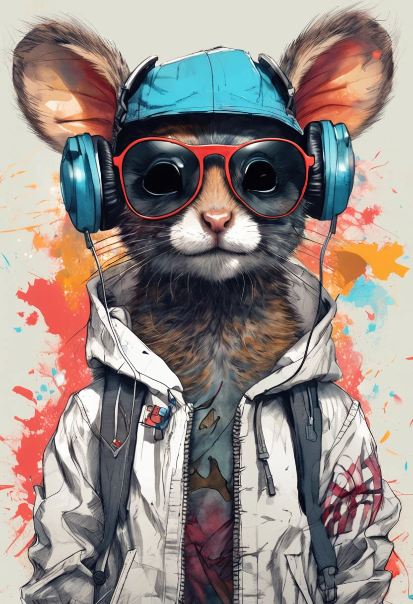 Perfect centering, A cute little mouse, Wear a student team jacket, Wearing sunglasses, Wearing headphones, cheerfulness, Standing position, Abstract beauty, Centered, Looking at the camera, Facing the camera, nearing perfection, Dynamic, Highly detailed,  smooth, Sharp focus, 8K, high definition resolution, illustration, Art by Carne Griffiths and Wadim Kashin, White background