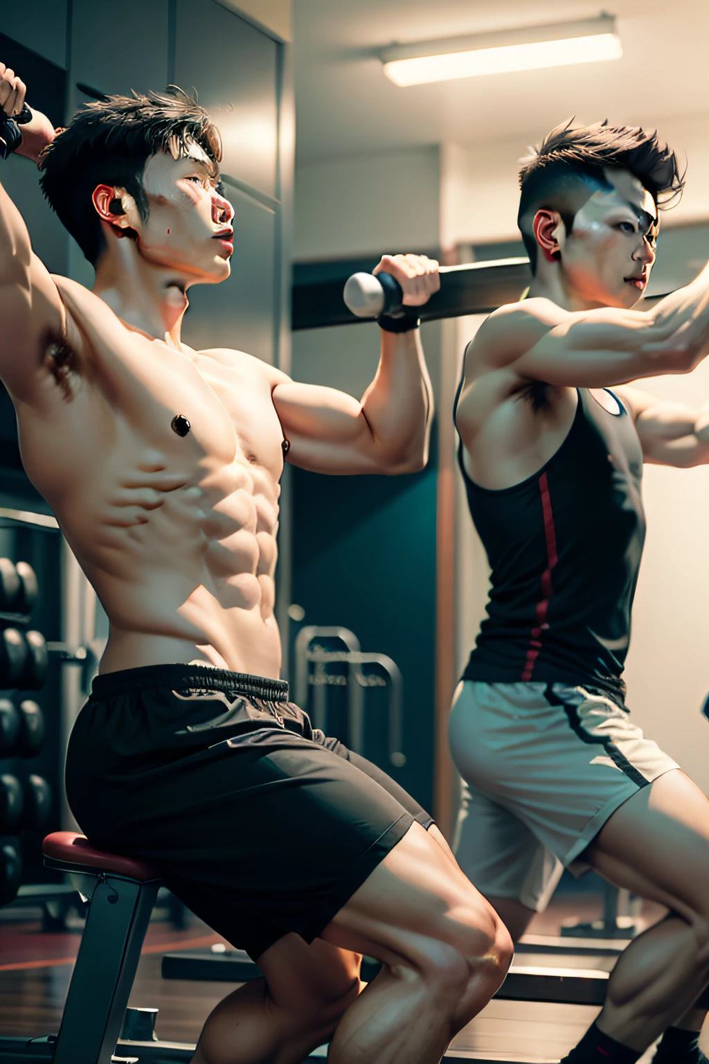 Asian men exercising in gym