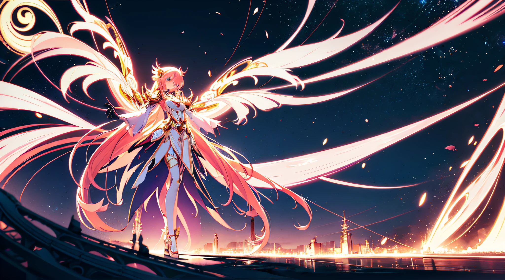 Anime - Stylistic artwork of a woman in a white dress,Pink and gold dress, ethereal and mecha theme, anime mecha aesthetic, mecha asthetic, Detailed key anime art, Detailed anime artwork, detailed anime art, anime robotic mixed with organic, Detailed digital anime art, highly detailed anime, anime abstract art, high detailed official artwork,