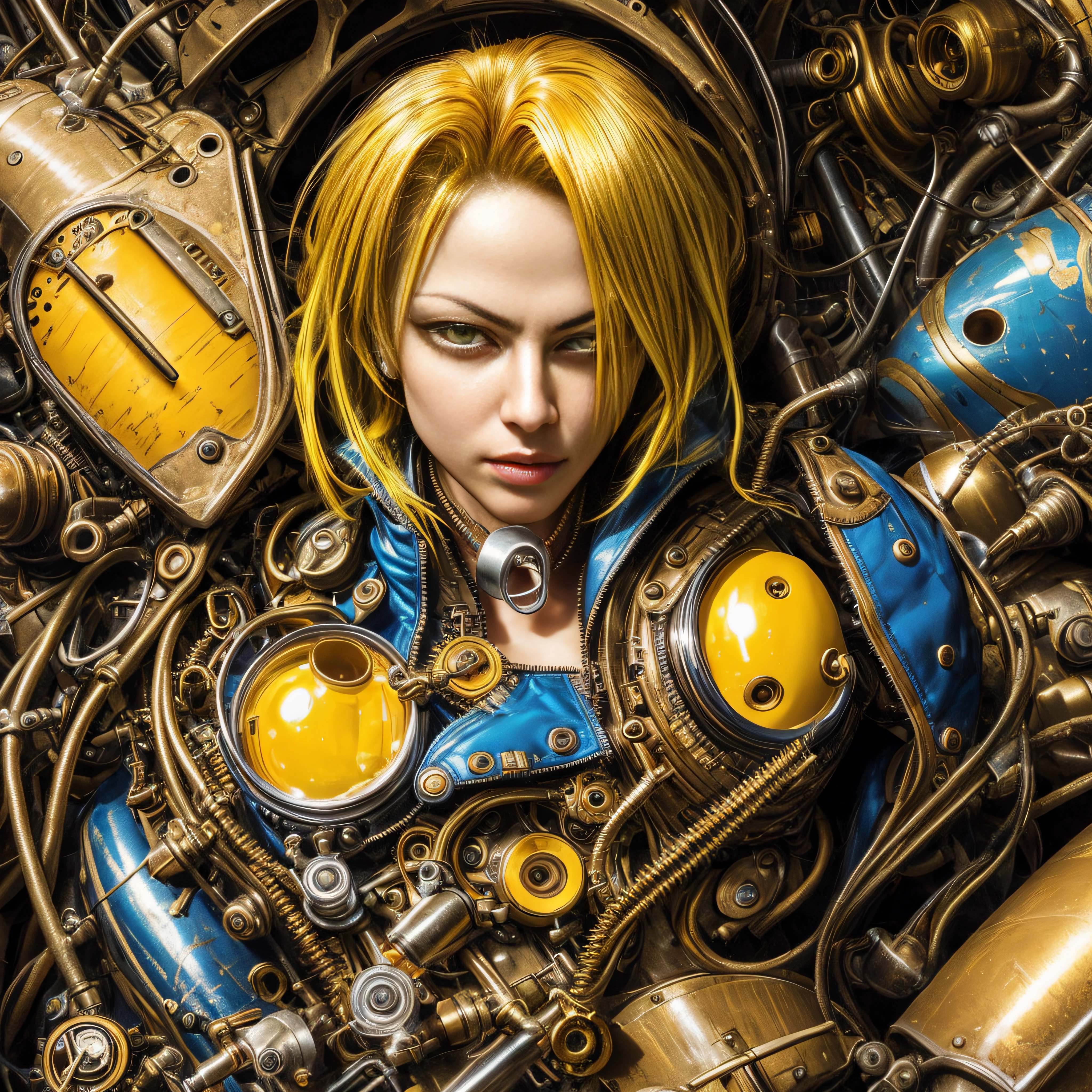 steampunk, sexy woman, zoom out, (polyvinyl Jacket With Rivets:1.3), (floating yellow hair:1.4), (open zipper:1.5), (sexy:1.5), (erotic:1.5), best quality, sunlight, detailed face, gorgeous eyes, realistic skin details, high quality, seen from below, translucent, (voluptuous:1), sensual, lascivious, dominant, romantic, high quality, film grain, Cinematic Light, sidelighting, sharp focus, blue sky