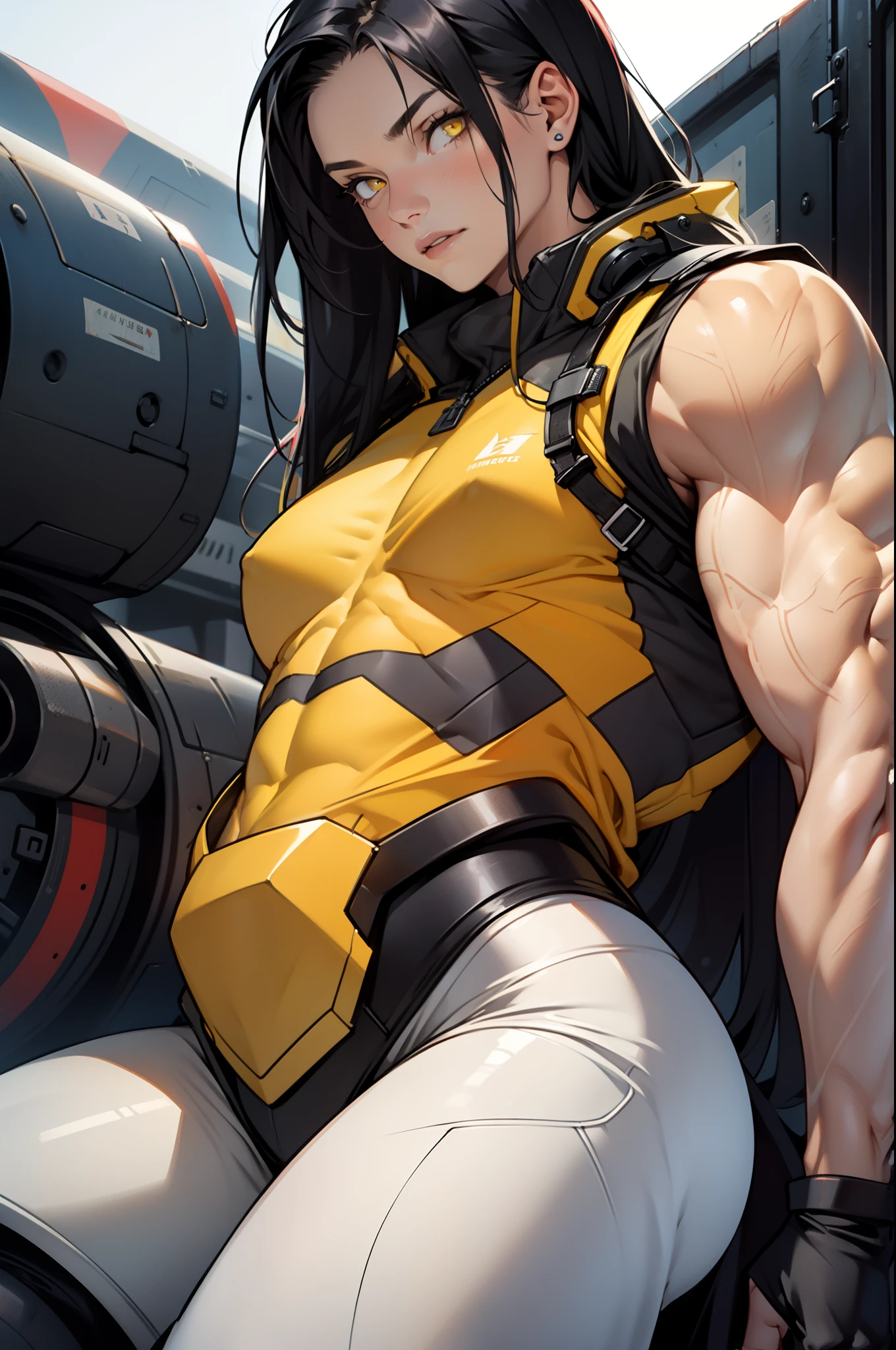 (((((1 girl))))), black hair, yellow eyes, very long hair, ((((((muscular)))))), tall, pale skin, pilot suit