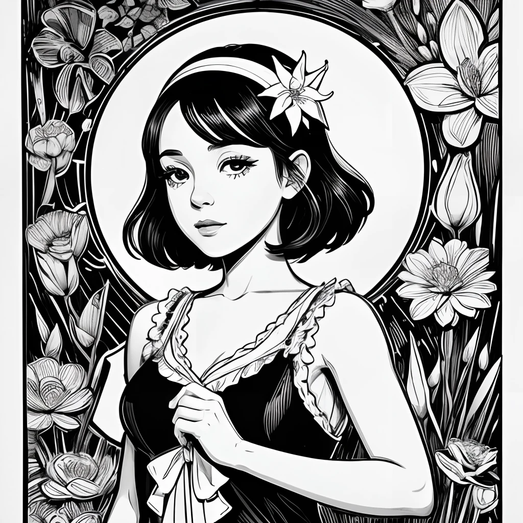 Black and white stick figure 1 girl with river lillies flower in background, loli in dress with flowers, its fine ink line art, comic style, portrait of ploynesian girl, Marilyn Munroe, Hollywood glam, beautiful line art, black and white comic style, manga style, manga art style, pencil and ink caricature drawing, black and white coloring