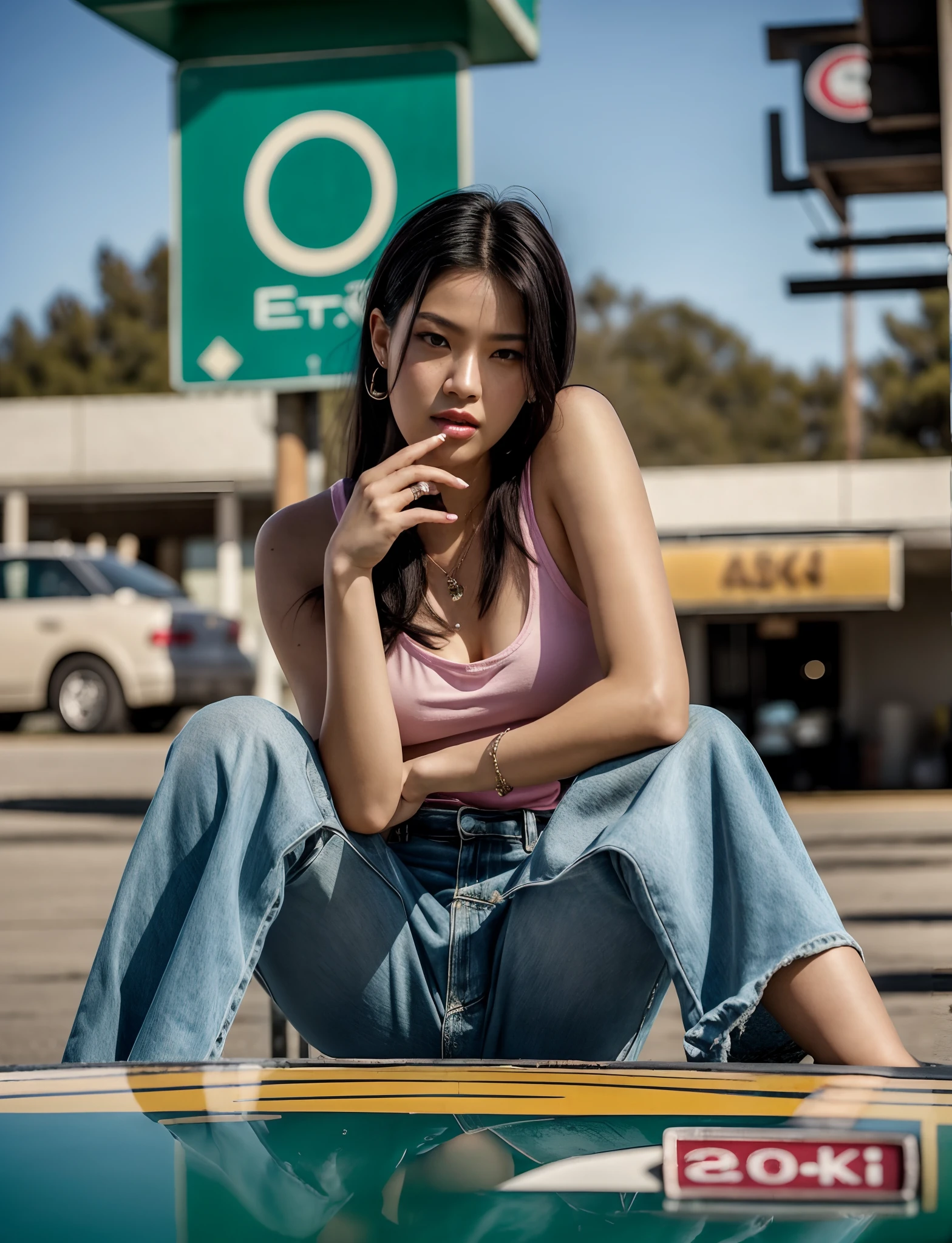 arafed woman with black hair sitting on a bed with a cigarette, roseanne park of blackpink, photoshoot, leaked image, casual pose, jossi of blackpink, jia, xision wu, aesthetic!!!!!! female genie, portrait of 😭 🤮 💕 🎀, aesthetic!!, cars around abandoned gas station sign made from a rocket beautiful blue sky Clutter-Home (AtomPunkStyleSD15:1.0), (masterpiece:1.2) (photorealistic:1.2) (bokeh) (best quality) (detailed skin) (intricate) (8k) (HDR) (cinematic lighting) (sharp focus)