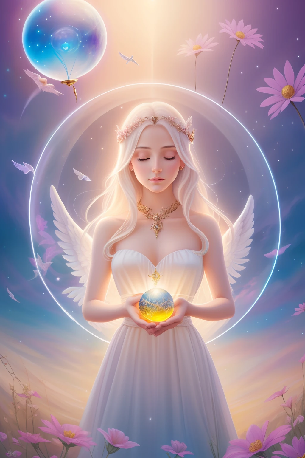 painting of a woman with long hair and angel wings holding a crystal ball, portrait of a beautiful angel, beautiful female angel, of beautiful angel, beautiful angel, angel spirit guide, ethereal angelic being of light, beautiful fantasy art portrait, elven angel meditating in space, celestial goddess, goddess portrait, beautiful fantasy art, glowing angelic being, fantasy portrait art