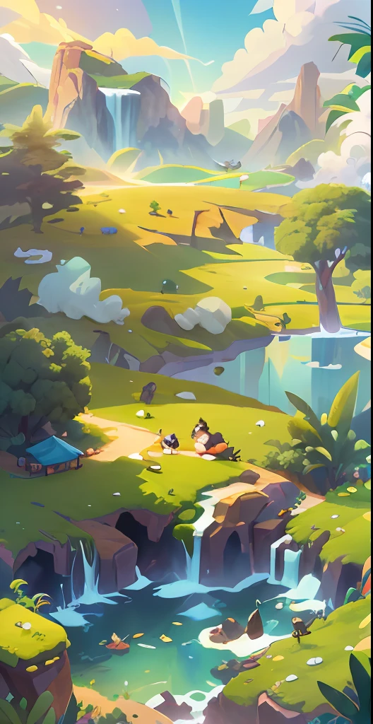 Chinese ancient times, spring, jungle, lake, cave, waterfall, tree, meadow, rock, hot spring, a plant,volcanoes,coconut palms,Antiquity,jurassic,Ancient plants,rios,grass field,grassy fields,Faraway view,mont,volcanoes,cliff,clouds,sun light, water vapor, illustration,Cartoon drawing,Lively children's drawing,Illustrations in storybooks,Cartoon coloring page,KIDS ILLUSTRATION,Disney,cartoony,Paramount,dreamworks,(illustration: 1.0), epic composition, realistic lighting, HD details, masterpiece, best quality, (very detailed CG unified 8k wallpaper)