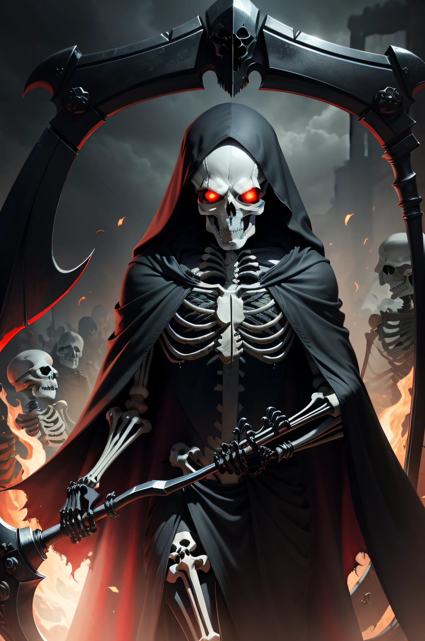 death tarot, The frame design is Gothic,The frame width is even, (The scythe of the skeleton of the dead:1.4), (Skeleton hands and legs:1.2), Wear tattered dirty cloth, Non-thirteen., Death Core, Death ruler alias, Messenger of Death, The Grim Reaper of Life, Red-green, Hologram and translucent styles, Black light painting, Extremely fine detail, Epic high-quality, insanely beautiful, The greatest masterpiece, Atmosphere of death, red colour、black and red