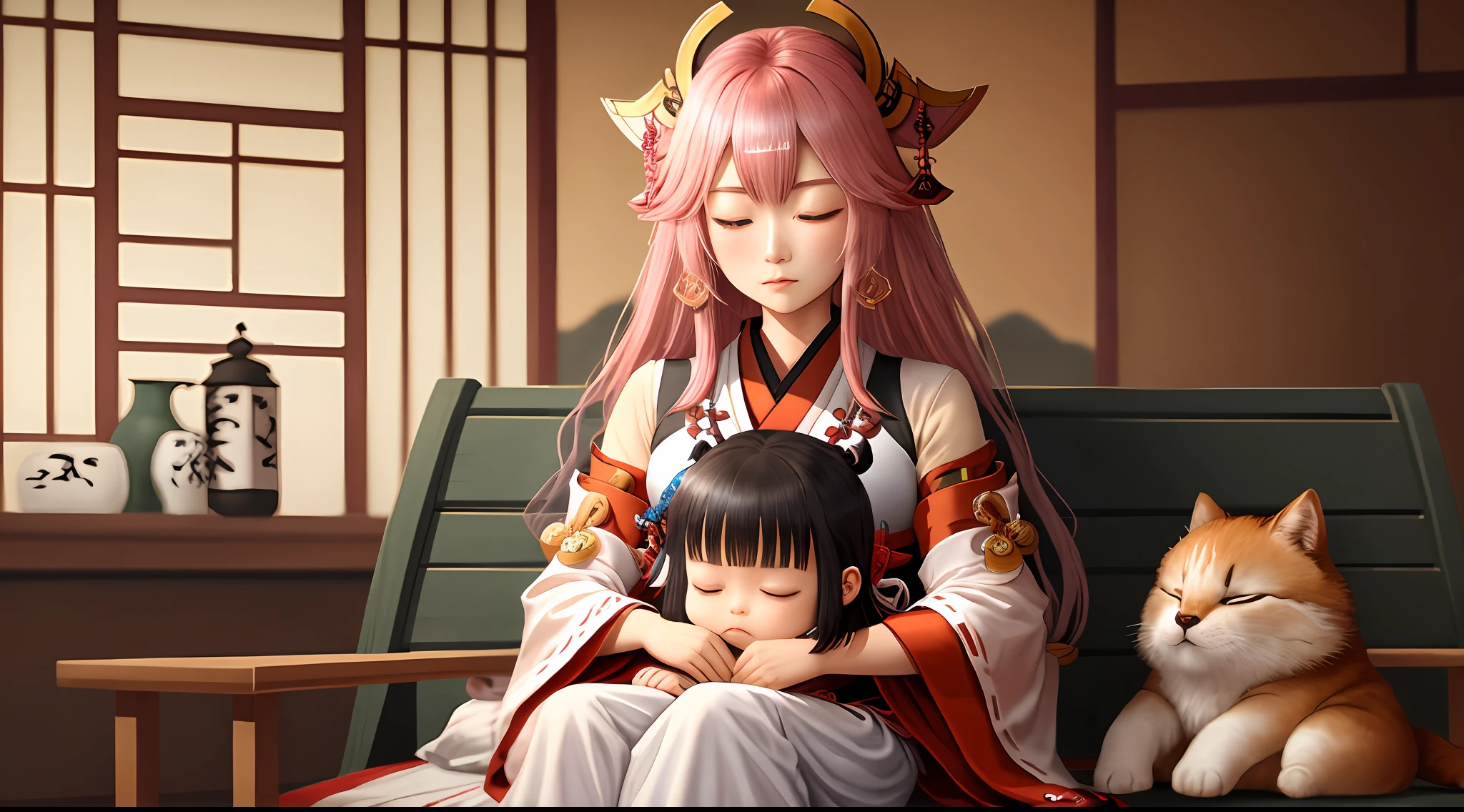 Yae Miko sleeps on Shoden Shogun's lap