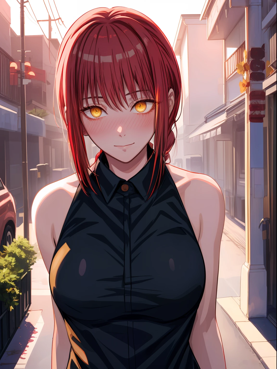 1girl, (((MAKIMA\))), makima from chainsaw man, long tied red hair, silky hair, sharp eyes, attractive eyes, blush, yellow eye with multiple red ring, ((Masterpiece)), best quality, high resolution, ultra 8k, illustrational shadows, detailed body, outdoor