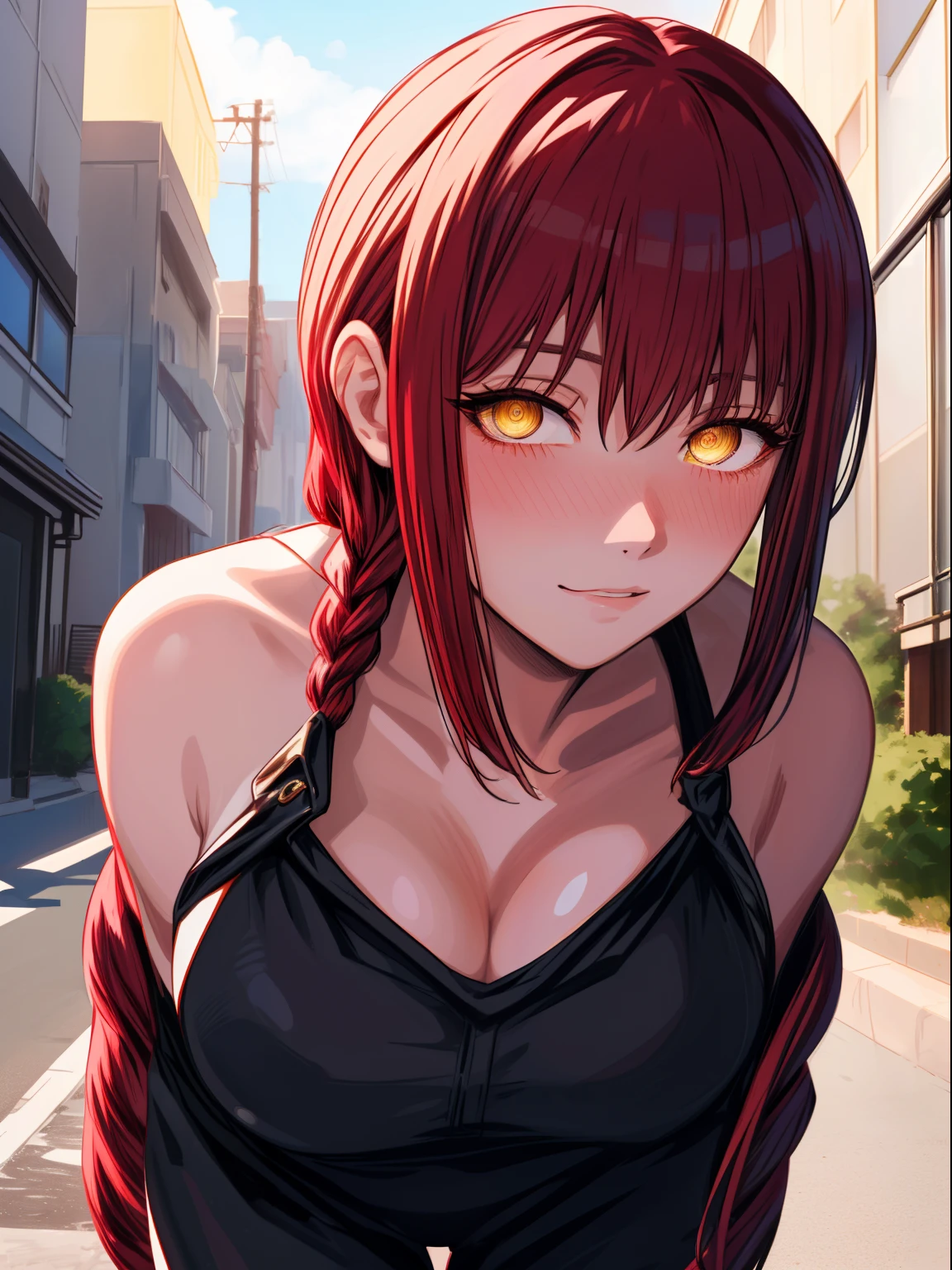 1girl, (((MAKIMA\))), makima from chainsaw man, long tied red hair, silky hair, sharp eyes, attractive eyes, blush, yellow eye with multiple red ring, ((Masterpiece)), best quality, high resolution, ultra 8k, illustrational shadows, detailed body, outdoor