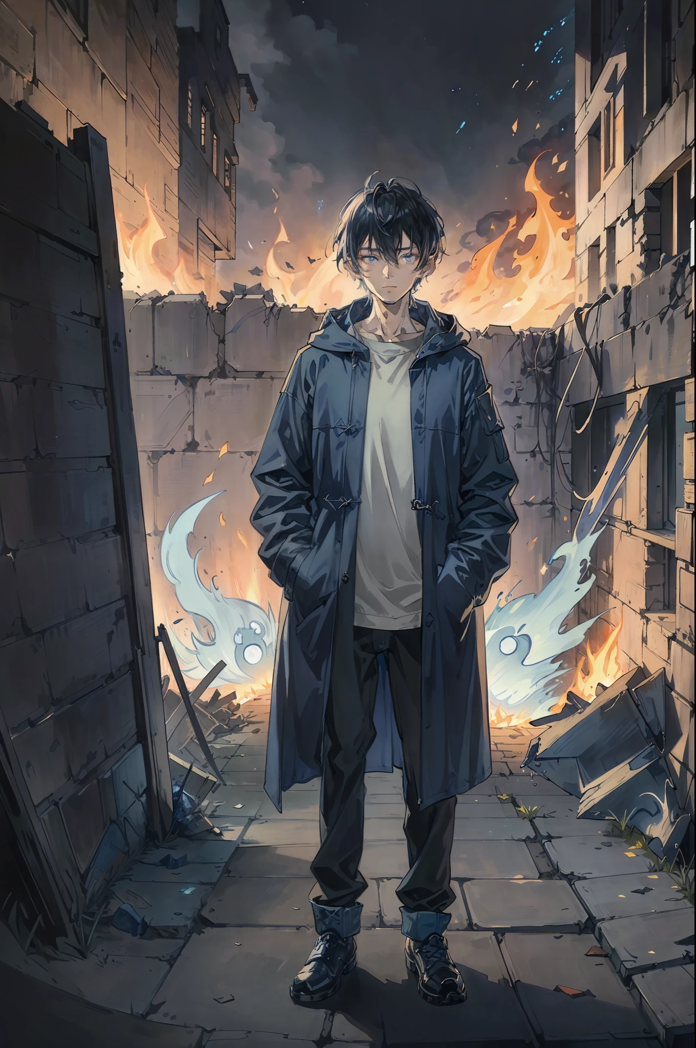 Anime silver-haired handsome eighteen-year-old boy，Blue hooded trench coat，Azure eyes，Plaid shirt，Put your hands in your pockets，side to look at the camera，Dark blue flames surrounded him。At night，He stood in the ruins，Dark blue flames burn through the ruins，The glass in the air shimmered brightly，Full body photo，hyper HD