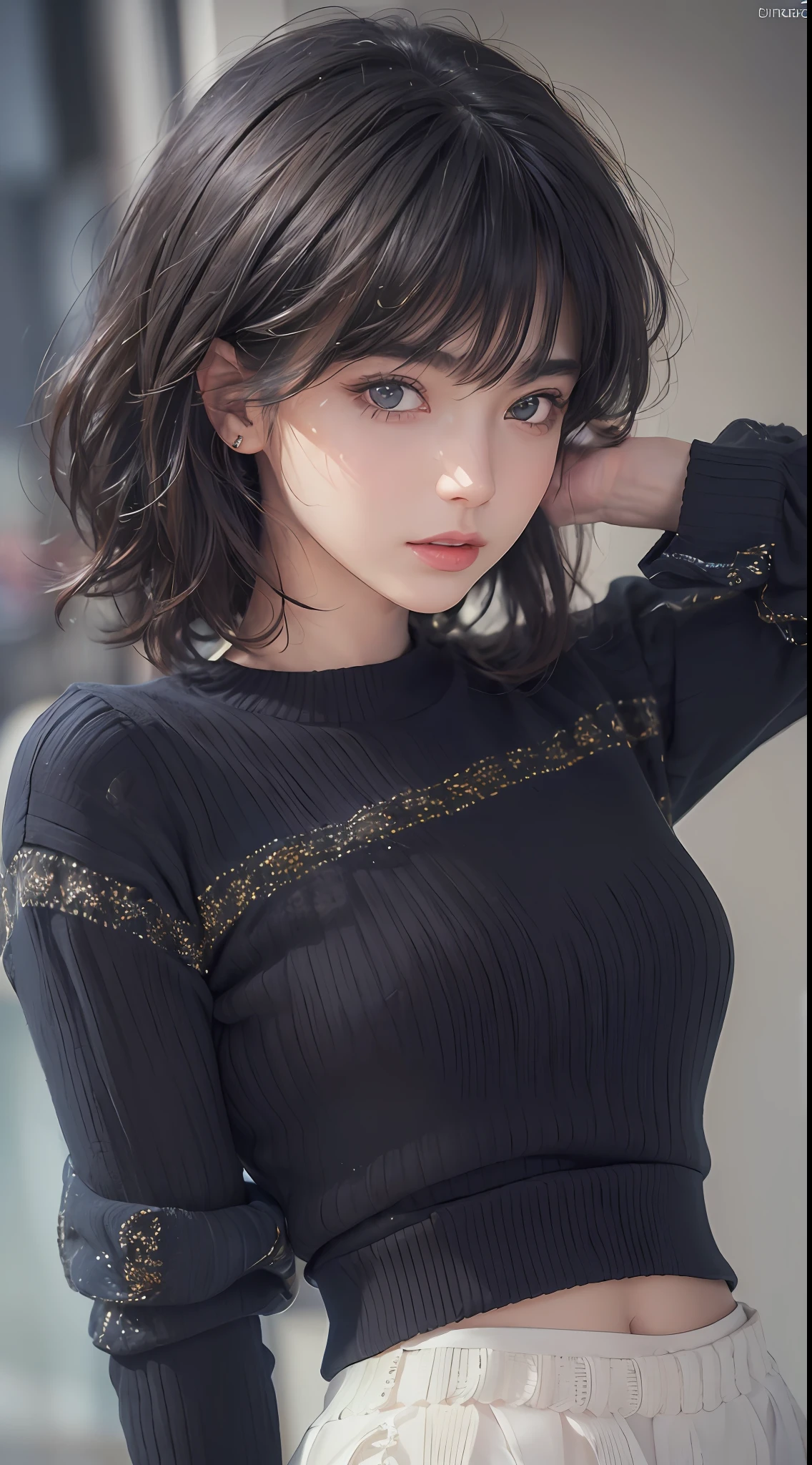 (masterpiece:1.3), (8k, photorealistic, RAW photo, best quality: 1.4), (1girl), beautiful face, (realistic face), (black hair, short hair:1.3), beautiful hairstyle, realistic eyes, beautiful detailed eyes, (realistic skin), beautiful skin, (sweater), absurdres, attractive, ultra high res, ultra realistic, highly detailed, golden ratio