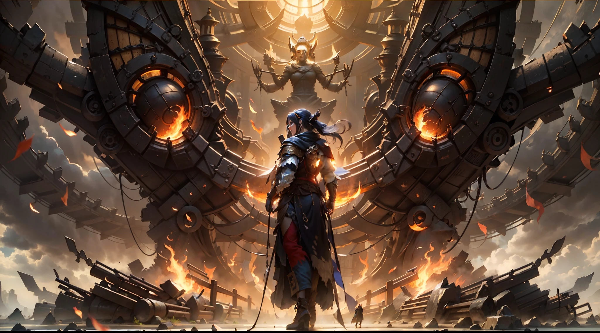 In this super grand scene,The wide-angle lens captures a striking picture。Two figures stand at opposite ends of the picture,The background is the collapse of heaven and earth,The lying corpses of the Heavenly Immortal Buddhas were as large as mountains, stretching across the void boundlessly,The golden sea of blood stretched to the sky,The Avenue of the Three Realms was broken,And in the boundless chaotic darkness。Above all,The figure of the weaver girl is graceful,Stand at this dark end,Like a blazing flame in the night,Like the goddess of darkness in a fairyland,Her presence exudes a majestic and majestic evil aura。She holds the Pauline lamp in her left hand,This is an artifact that symbolizes life and guardianship,The gentle glow of the lamp illuminates the cowherd,The right hand holds the heaven-opening axe,It was an ancient artifact that opened the world,The lines on the blade of the axe reveal ancient authority。There was fanaticism and determination in her eyes,As if a warrior in the dark,Do whatever it takes for some kind of goal,It seems to be an existence with endless wisdom。And across from her,It was the cowherd wearing a black robe,The black and yellow giant bull's head shadow stood behind him。This black scalper is huge,Carrying heavy history and strength。Its horns shone with a grim glow,It symbolizes an unshakable and firm will。His gaze is deep and powerful,As if it can penetrate the darkness,Find the light of hope。His battle robe fluttered in the wind,Reveals his bravery and determination。In front of it all,A thousand-square-foot high Magpie Bridge spans the void,Connecting darkness and light,It is a bridge beyond time and space built by countless hopes and loves incarnated as magpies。The Magpie Bridge emits a starry river,Like the last light between heaven and earth,A glimmer of hope for a world shrouded in destruction and darkness。The cowherd and the blackened seven fairies looked at each other and laughed,The eyes are full of tacit understanding and