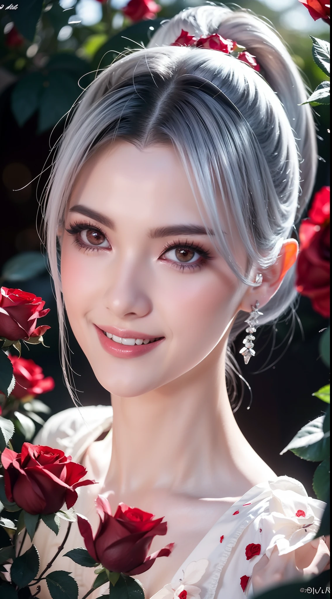 Garden covered with red roses in the background, Silver hair, front ponytail, eyes reflection, Colored Contact Lenses, Pink eyes, Fox earrings, Evil smile, High detail, romanticism lain, Depth of field, Sparkle, Ray tracing, viewfinder, zoom layer, Close-up, Bokeh, Anatomically correct, High details, 1080p, hyper HD