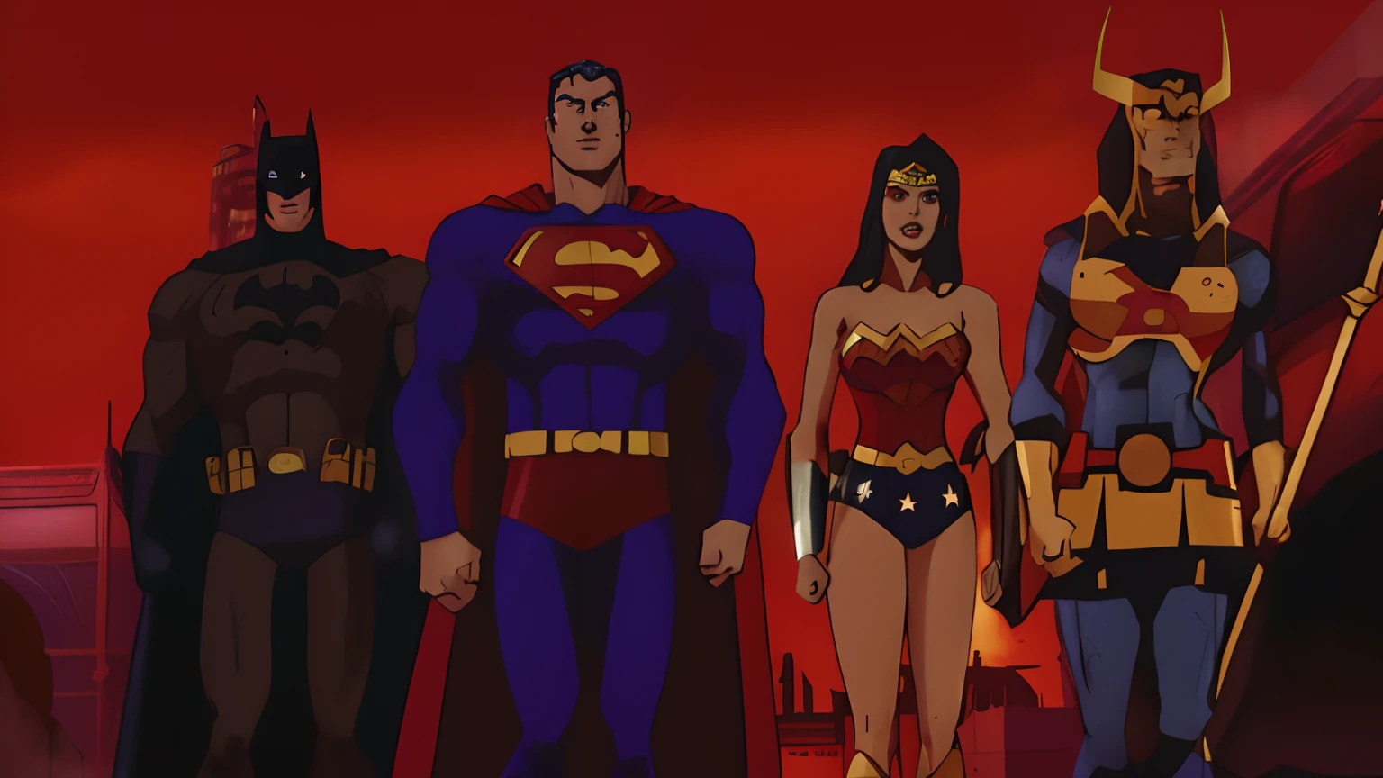 Batman, maravilha, and wondergirl standing in front of a red background, in the justice league, justice league, Salvando o dia novamente, animated episode still, animated series, Estilo DC Comics, Estilo da DC Comics, Estilo de Arte DC Comics, filme animado filmado, Trindade, animated cartoon series, animado ainda, animation movie still, cena de filme animado, Directed by: Bruce Timm