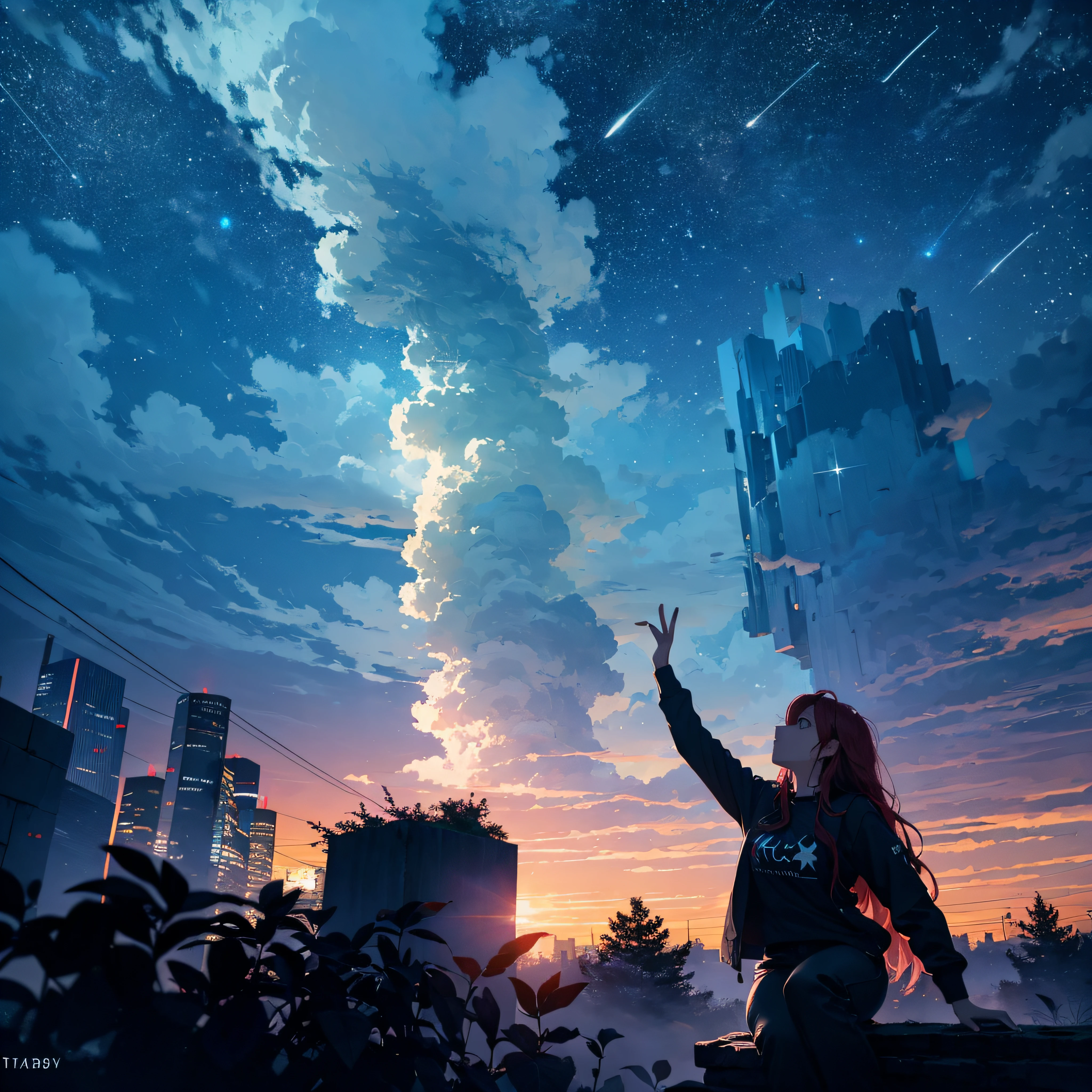 octans, sky, star (sky), scenery, starry sky, night, 1girl, night sky, solo, outdoors, building, cloud, milky way, sitting, tree, long red hair, white shirt, golden eyes,long black pants, city, silhouette, cityscape.