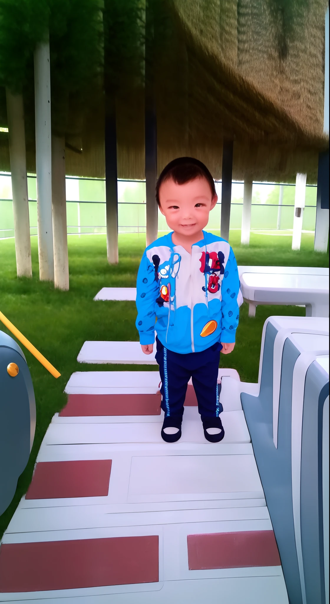 Little boy standing on a football field, Wear a blue short-sleeved basketball shirt，Lovely，friendly，Boy with short hair，Pink baby face，Happy smile，Bright round eyes，Long eyelashes，jinyiwei, Li Zixin, for 6 years old, sunshine on body, inspired by Zhang Zongcang