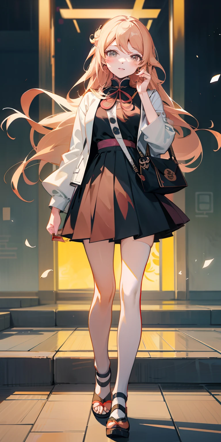 Anime girl with long hair and white jacket with purse, an anime drawing inspired by senior character artist, trending on pixiv, shin hanga, anime visual of a cute girl, anime full body illustration, Marin Kitagawa fanart, dressed with long fluent clothes, official character art, junko enoshima from danganronpa, Single character full body