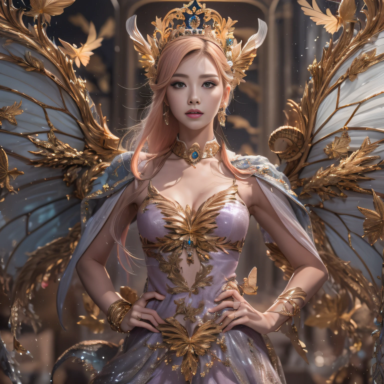 32K（tmasterpiece，k hd，hyper HD，32K）Short flowing light orange hair，Gold jewelry area in the back room，Female fairy ，Silver Gold Dragon Protector （realisticlying：1.4），Python pattern robe，Purple-pink tiara，Gold foam flutters，The background is pure，Hold your head high，Be proud，The nostrils look at people， A high resolution， the detail， RAW photogr， Sharp Re， Nikon D850 Film Stock Photo by Jefferies Lee 4 Kodak Portra 400 Camera F1.6 shots, Rich colors, ultra-realistic vivid textures, Dramatic lighting, Unreal Engine Art Station Trend, cinestir 800，Hold your head high，Be proud，The nostrils look at people，Short light orange hair，Linen vest，Impeccable，Exaggerated and unfounded feelings about one's own importance and talents (pompous). Focus on unlimited butterfly fantasies, influencer, power, information, Beauty, Or perfect love. Attributed to the special and unique，Only the highest quality people should be associated，Purple-pink