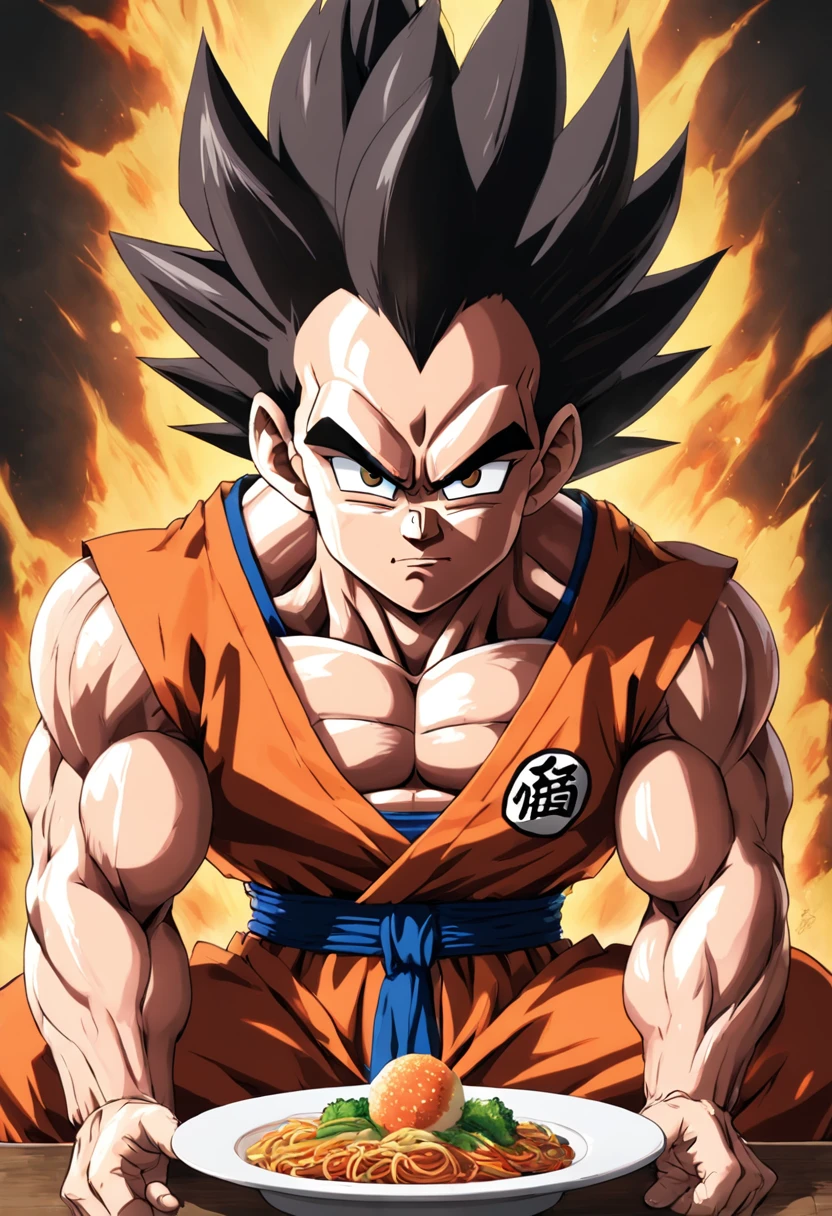 Dragon Ball Z Vegeta,Great ape, full body portrait,of a real,Facial features are carefully depicted,Realistic skin texture,Dark style,depth of fields,high light,Real light,Ray traching,oc rendered,Hyper-realistic,best qualtiy,8K,Works of masters,super-fine,Detailed pubic hair,Correct anatomy,sharp focus on eyes,facial features are carefully depicted. Goku Disfrutando de Fideos Chinos en un Restaurante" Description: En un restaurante acogedor con toques orientales, Goku, el famoso guerrero saiyajin, se encuentra en la cocina, rodeado de aromas deliciosos. Dressed in his iconic martial arts uniform, Goku is in a kitchen counter con un plato de tallarines chinos, mientras sostiene los palillos con destreza. With a smile of anticipation, Goku se dispone a saborear los fideos con entusiasmo. His fellow Z warriors meet at a nearby table, Observing with amusement his encounter with terrestrial cuisine. Behind him, los chefs del restaurante, ataviados con sus uniformes tradicionales, They watch with admiration the legendary fighter as he enjoys the meal. The atmosphere is full of warmth and camaraderie, despite the epic adventures that Goku and his friends regularly face. Soft lighting enhances the scene, making the colors of the ingredients and the decoration of the restaurant shine with a cozy luminosity. La imagen captura un momento inusual y relajado en la vida de Goku, showing his most human side while enjoying an earthy meal in the midst of his amazing exploits.