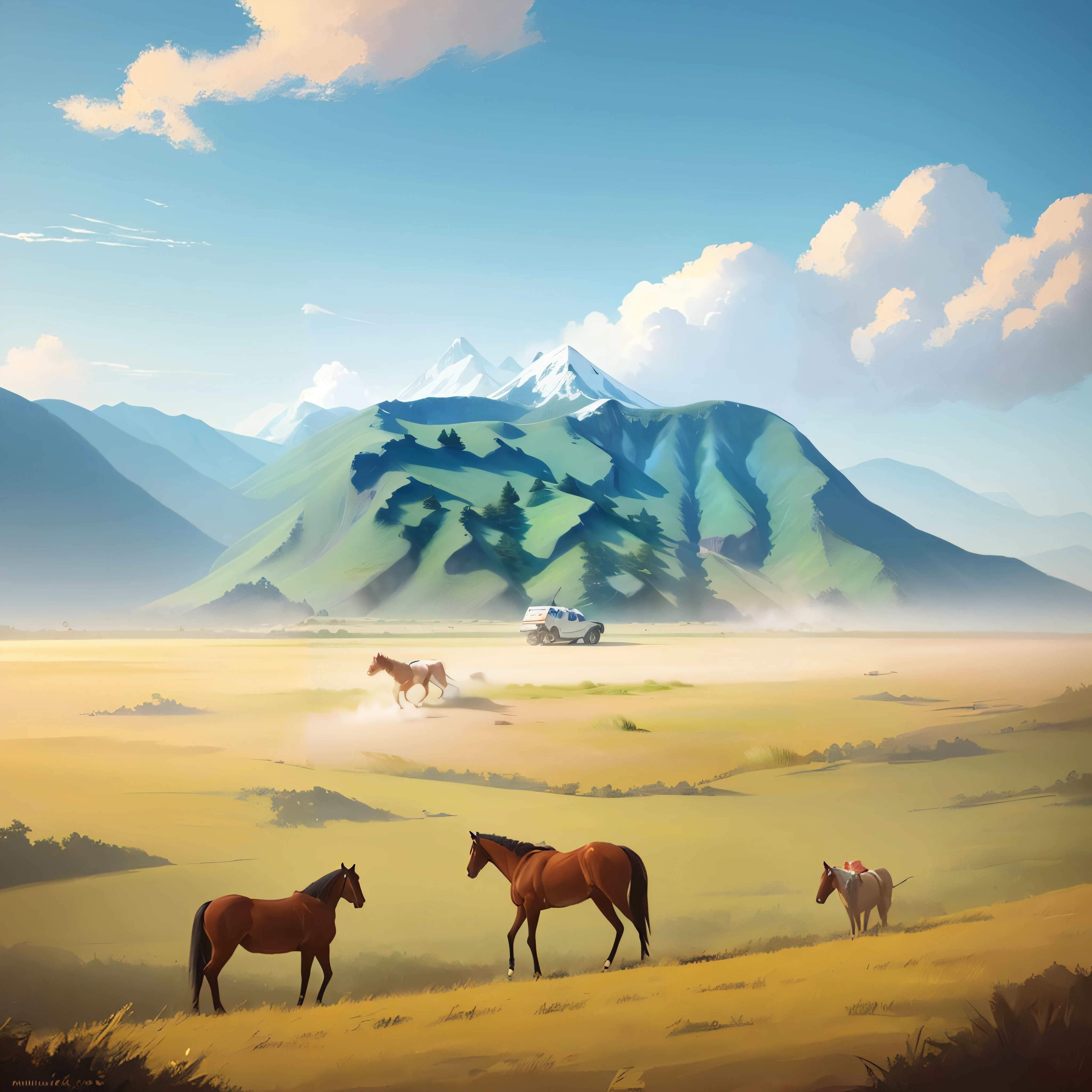 Painting of a horse running in a field，A truck in the background, 4 k hd illustrative wallpaper, traveling through the mountains, concept-art | RHADS, atey ghailan 8 k, arte de fundo, Concept art wallpaper 4K, A beautiful artwork illustration, 4 k hd wallpaper illustration, ismail inceoglu and ruan jia, concept art digital illustration