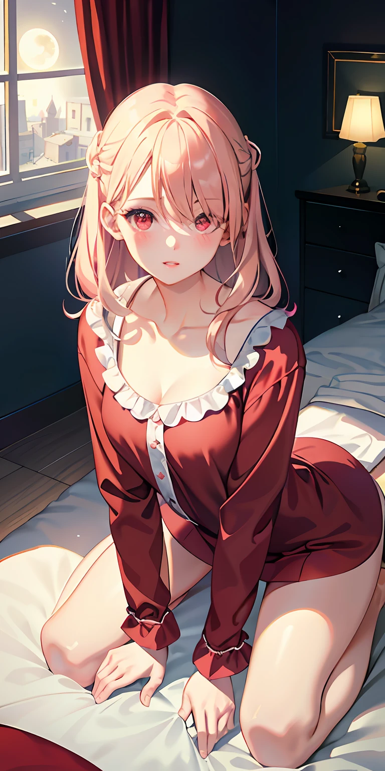 Real, 1girl, hair over one eye, parted lips, blush, makeup, light smile, pajamas, glow, thighs, red eyes, collarbone, narrow waist, sitting, kneeling, on all fours, bedroom, window, moon, side, (masterpiece), television, wallpaper, moonlight, underwear,, bed