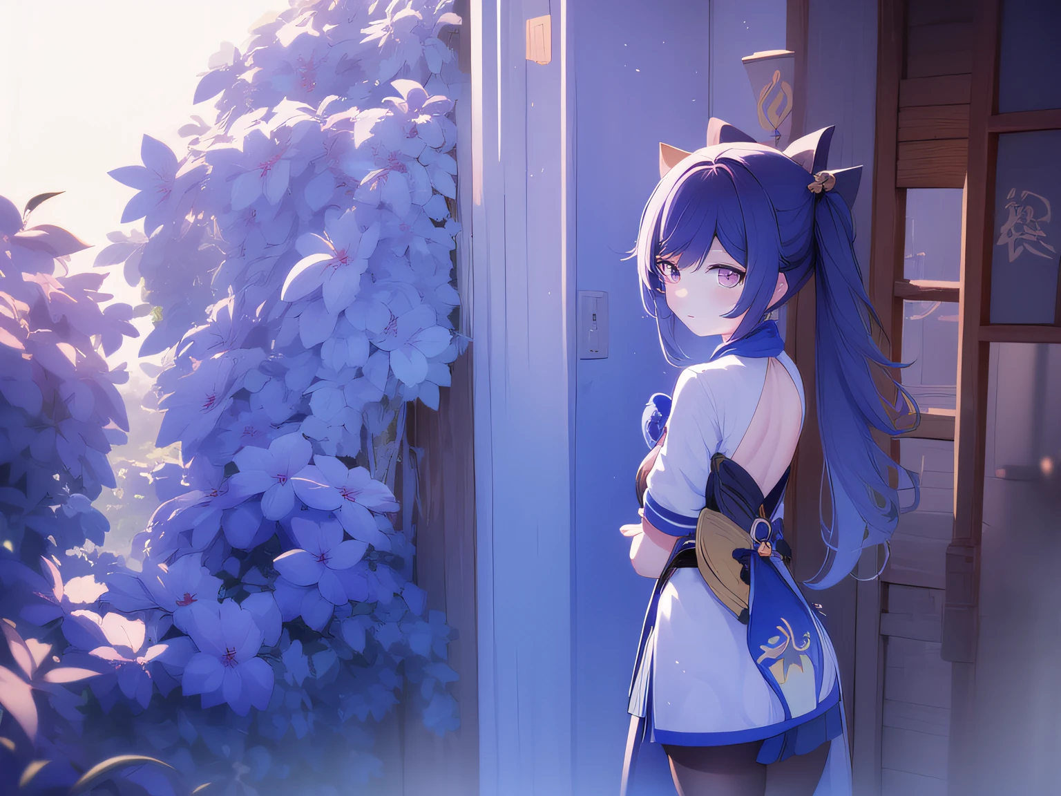 Keqing(Genshin Impact),full bodyesbian,Hands behind your back,ssmile,exteriors,In the daytime,simple backgound,blue-sky,Skysky,looking at viewert,are standing,Moody light,
