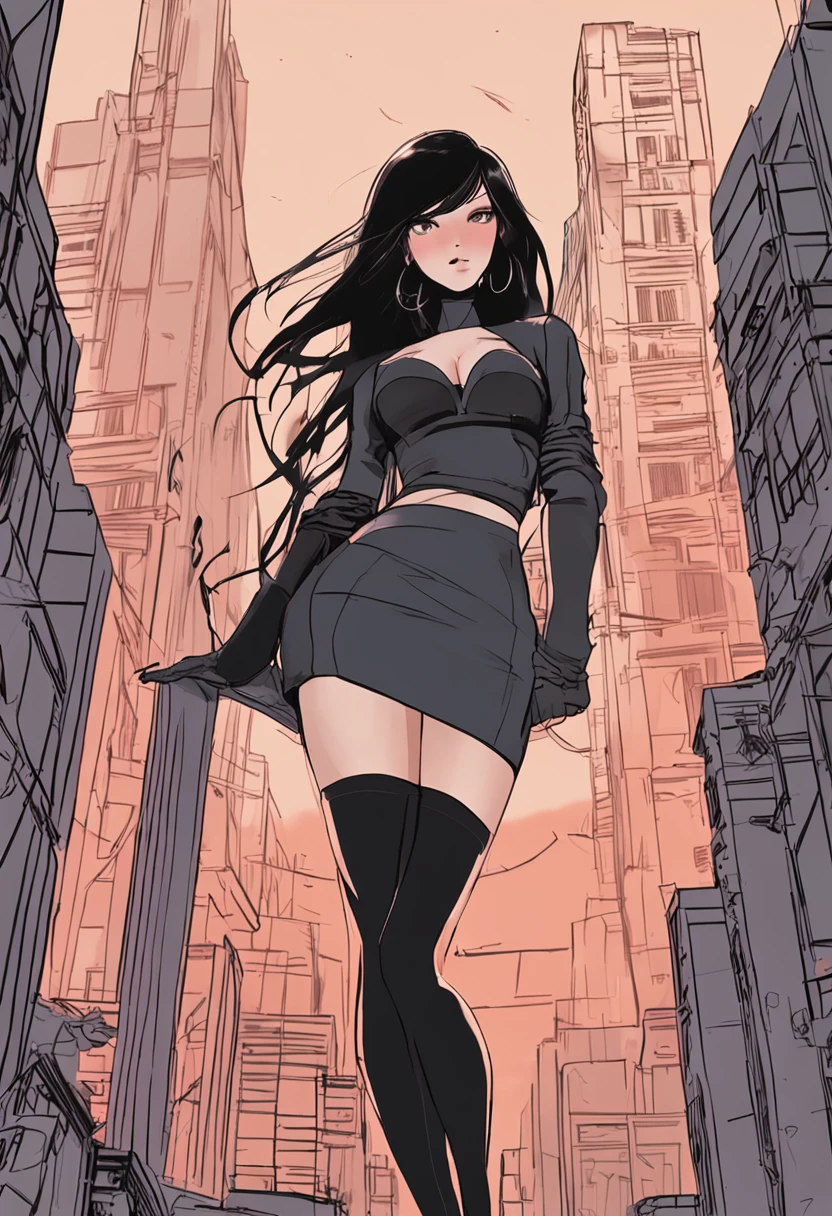 quadratic element,Long black hair draped,huge tit,big breasts thin waist,Peach buttocks,black heels,randome pose,black pantyhoses,Skirt that wraps hips,Glow skin,Leg lines,Plump body,Delicate face
