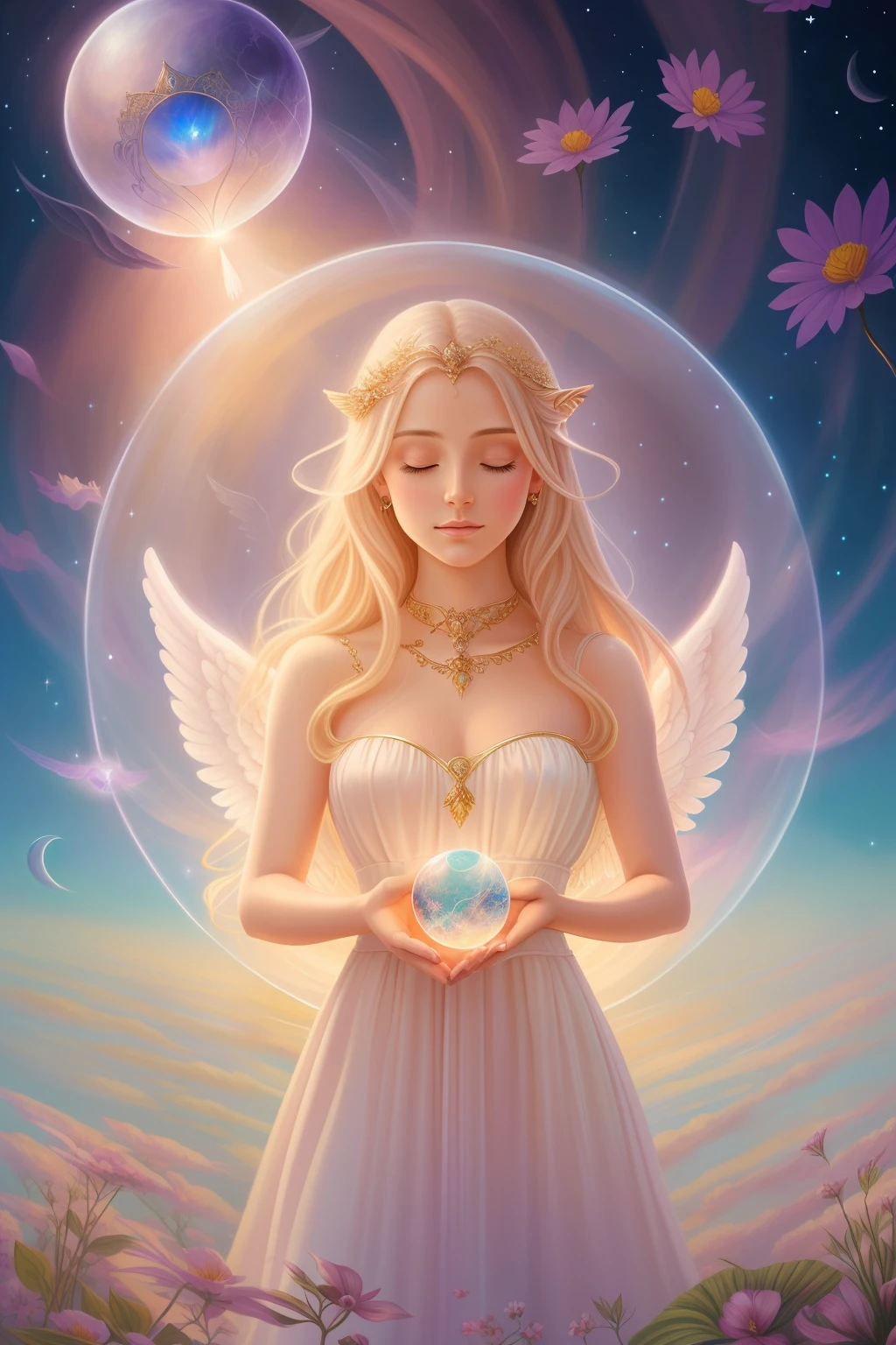 painting of a woman with long hair and angel wings holding a crystal ball, portrait of a beautiful angel, beautiful female angel, of beautiful angel, beautiful angel, angel spirit guide, ethereal angelic being of light, beautiful fantasy art portrait, elven angel meditating in space, celestial goddess, goddess portrait, beautiful fantasy art, glowing angelic being, fantasy portrait art