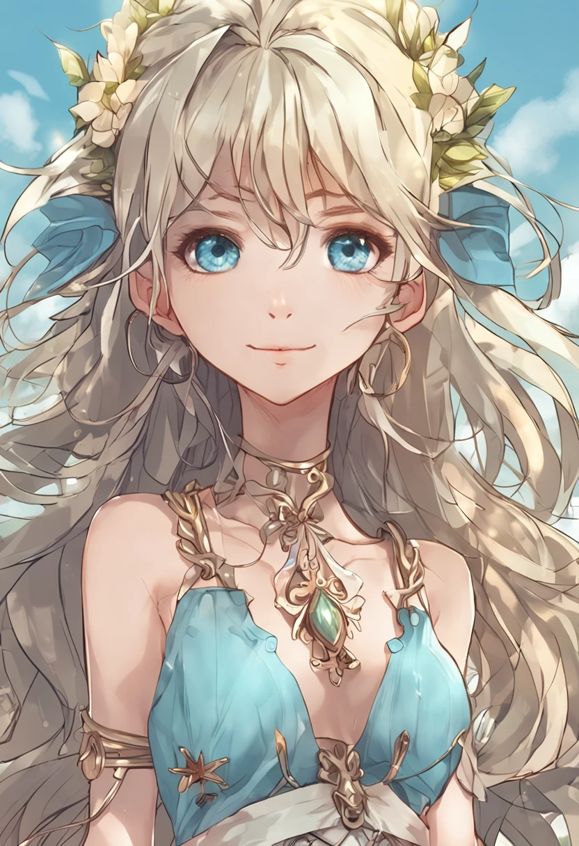 (Best Quality, masutepiece:1.2),1 girl,Solo,Long hair,a blond,Light blue swimsuit,elf,10yaers old,Very delicate eyes and face,Eyes with beautiful details,Smile,(Petite,skinny,slender:1.2)
