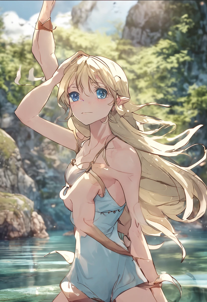 (Best Quality, masutepiece:1.2),1 girl,Solo,Long hair,a blond,Light blue swimsuit,elf,ers old,Very delicate eyes and face,Eyes with beautiful details,Smile,(Petite,skinny,slender:1.2)