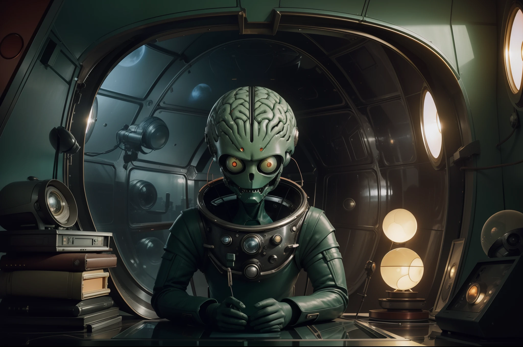 A Martian rearing the top of his brain out of a very big cardbox. Retrofuturistic house as background, big rounded windows, round tv, 1970's style furniture. Colorful image. Illuminated by lamps and light through the windows. Highly detailed. Photorealistic.