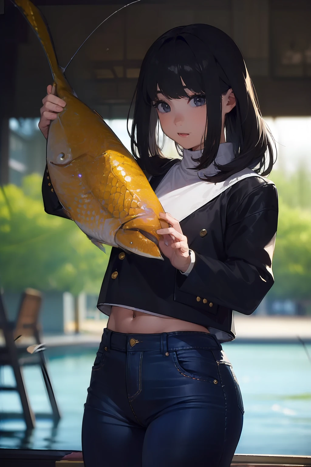 ((((Catching a big fish by the lakeside:1.5)))),((Female 28 years old)),((Best Quality:1.5)),(((Hands with the correct number and structure of fingers:1.4))),((Big fish:1.37)),hight resolution,ultra-detailliert,masterpiece,best qualtiy,Eight-headed body,Black hair, long eyeslashes, Solid Circle Eyes, drop shadow, Atmospheric perspective,Super Detail, ccurate, small brest,(Black jacket and jeans :1.1),top-quality, blurry backround, bokeh dof:1.2, (masterpiece:1.3), Atmospheric perspective,Super Detail,dynamic compositions,top-quality、Very beautiful CG、finely detail、