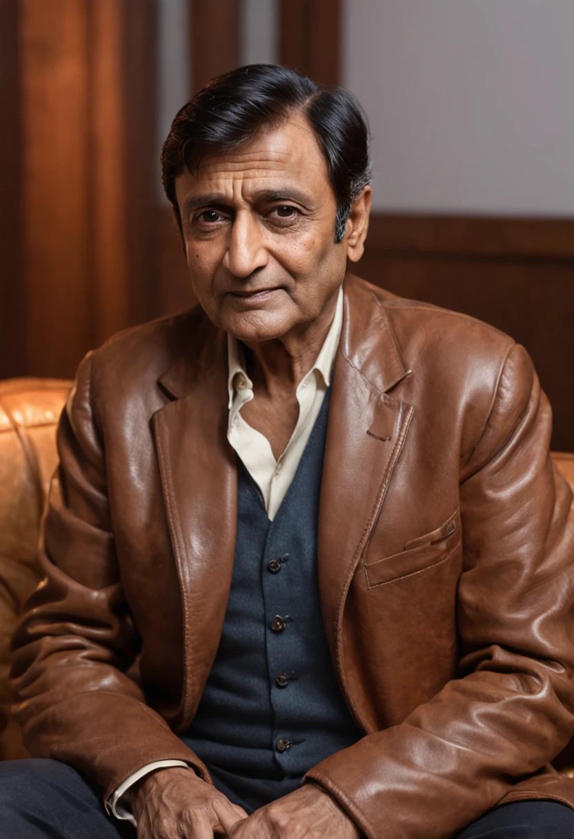 portrait of Bollywood actor dev Anand, sitting on a leather couch, music studio behind, warm cinematic lighting