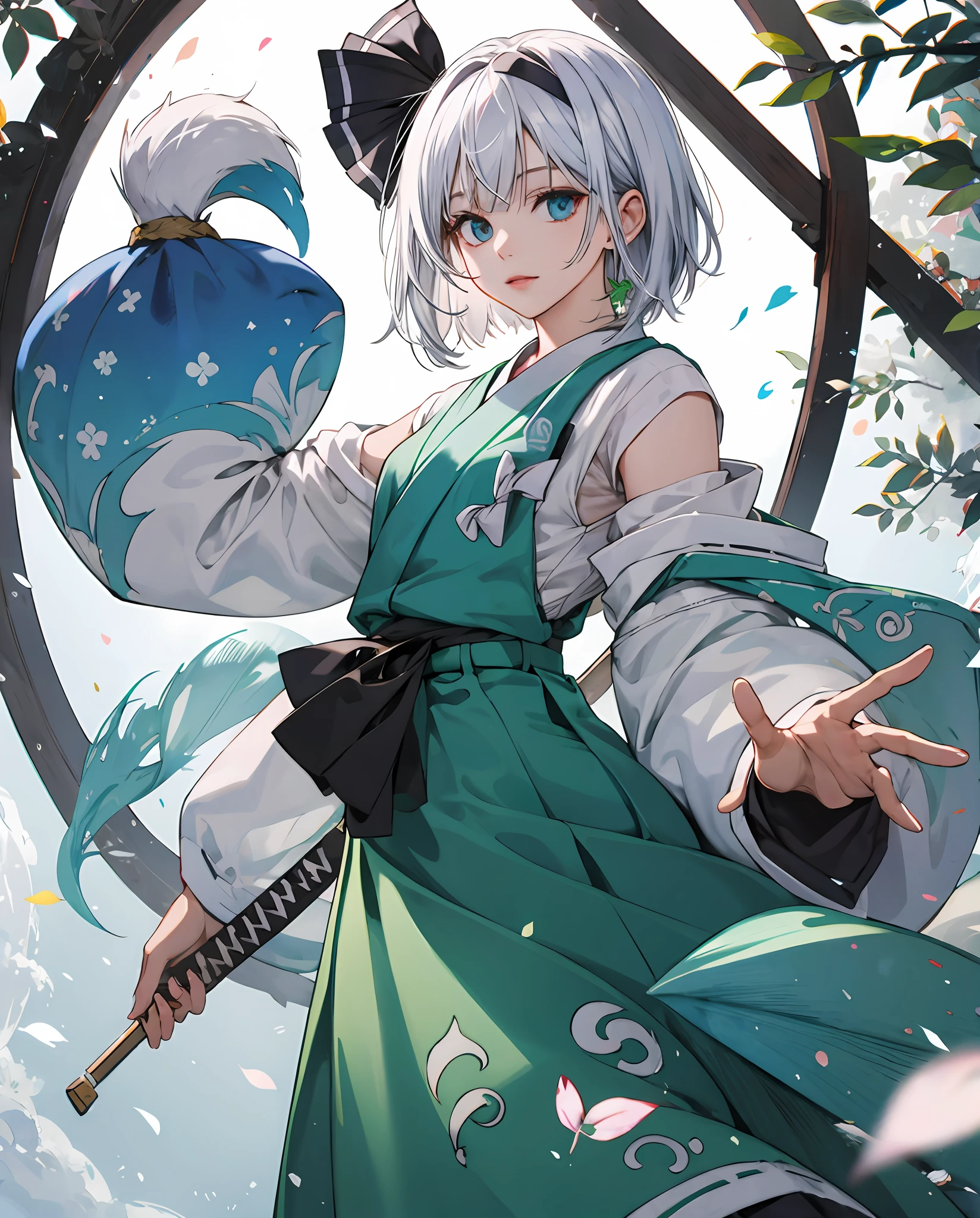 top quality, masterpiece, HD, 1 girl, beautiful and perfect face, intricate details, 8k, Very detailed loli,cute,white hair,Green eyes,short hair,Cat-eared lady,Smile