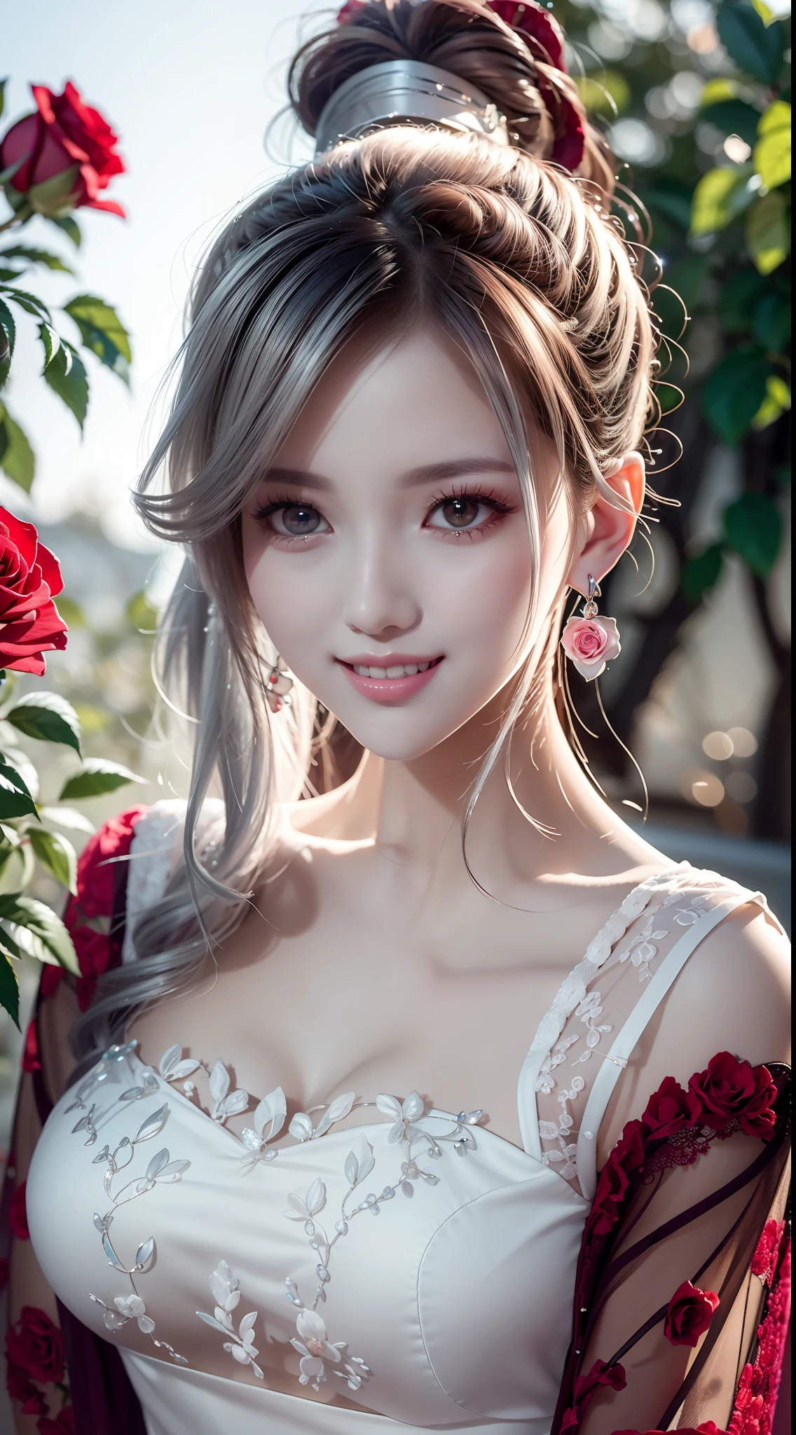 Garden covered with red roses in the background, Silver hair, front ponytail, eyes reflection, Colored Contact Lenses, Pink eyes, Fox earrings, Evil smile, High detail, romanticism lain, Depth of field, Sparkle, Ray tracing, viewfinder, zoom layer, Close-up, Bokeh, Anatomically correct, High details, 1080p, hyper HD