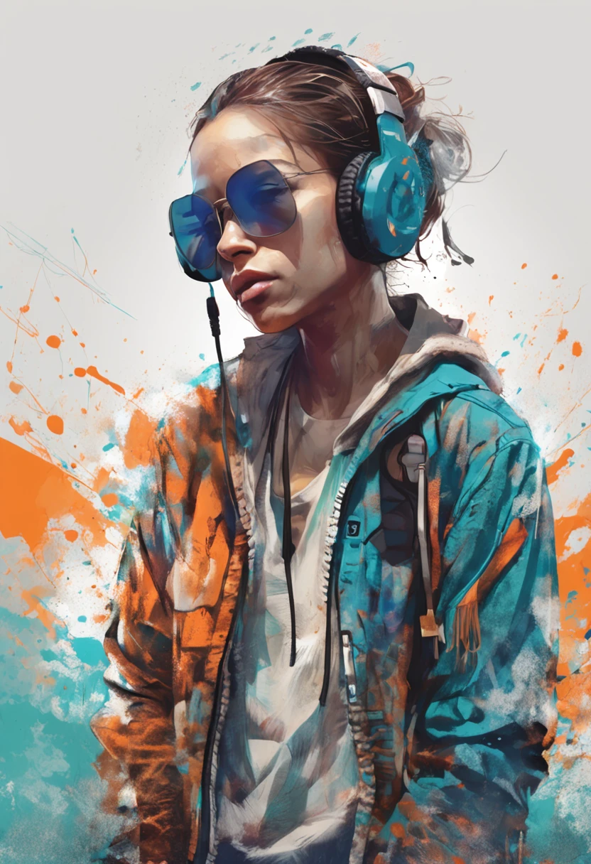 Perfect centering, A cute calf, Wear a student team jacket, Wearing sunglasses, Wearing headphones, cheerfulness, Standing position, Abstract beauty, Centered, Looking at the camera, Facing the camera, nearing perfection, Dynamic, Highly detailed,  smooth, Sharp focus, 8K, high definition resolution, illustration, Art by Carne Griffiths and Wadim Kashin, White background