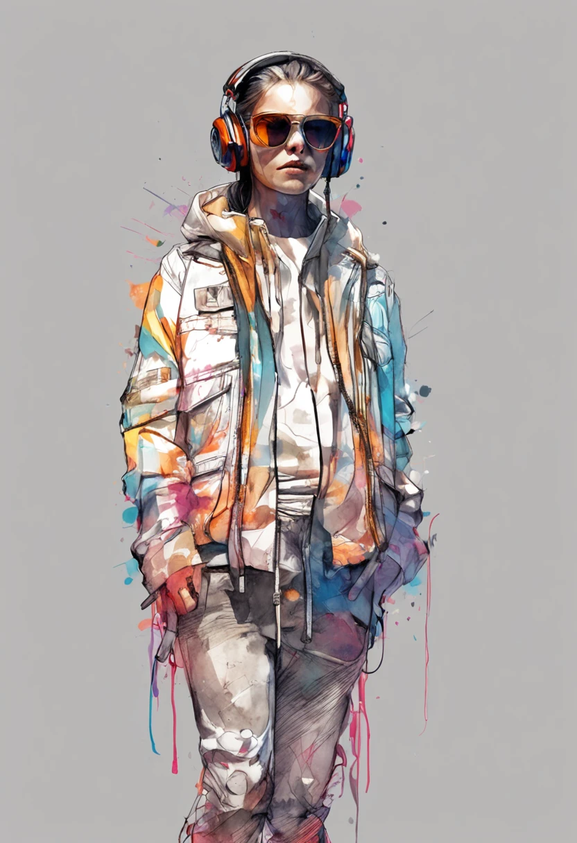 Perfect centering, Cute little bear, Wear a student team jacket, Wearing sunglasses, Wearing headphones, cheerfulness, Standing position, Abstract beauty, Centered, Looking at the camera, Facing the camera, Approaching perfection, Dynamic, Highly detailed,  Smooth, Sharp Focus, 8K, hight resolution, Illustration, art by carne griffiths and wadim kashin, White background