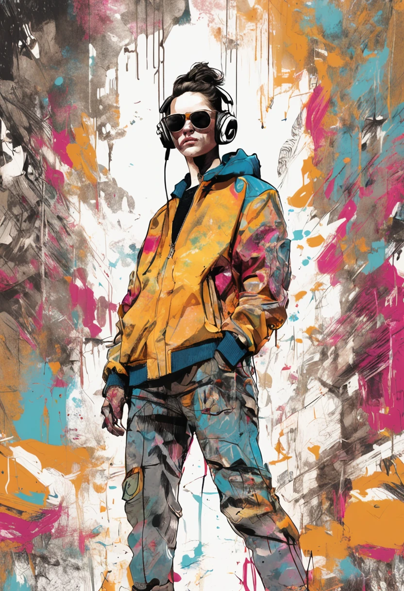 Perfect centering, A cute calf, Wear a student team jacket, Wearing sunglasses, Wearing headphones, cheerfulness, Standing position, Abstract beauty, Centered, Looking at the camera, Facing the camera, nearing perfection, Dynamic, Highly detailed, smooth, Sharp focus, 8K, high definition resolution, illustration, Art by Carne Griffiths and Wadim Kashin, White background
