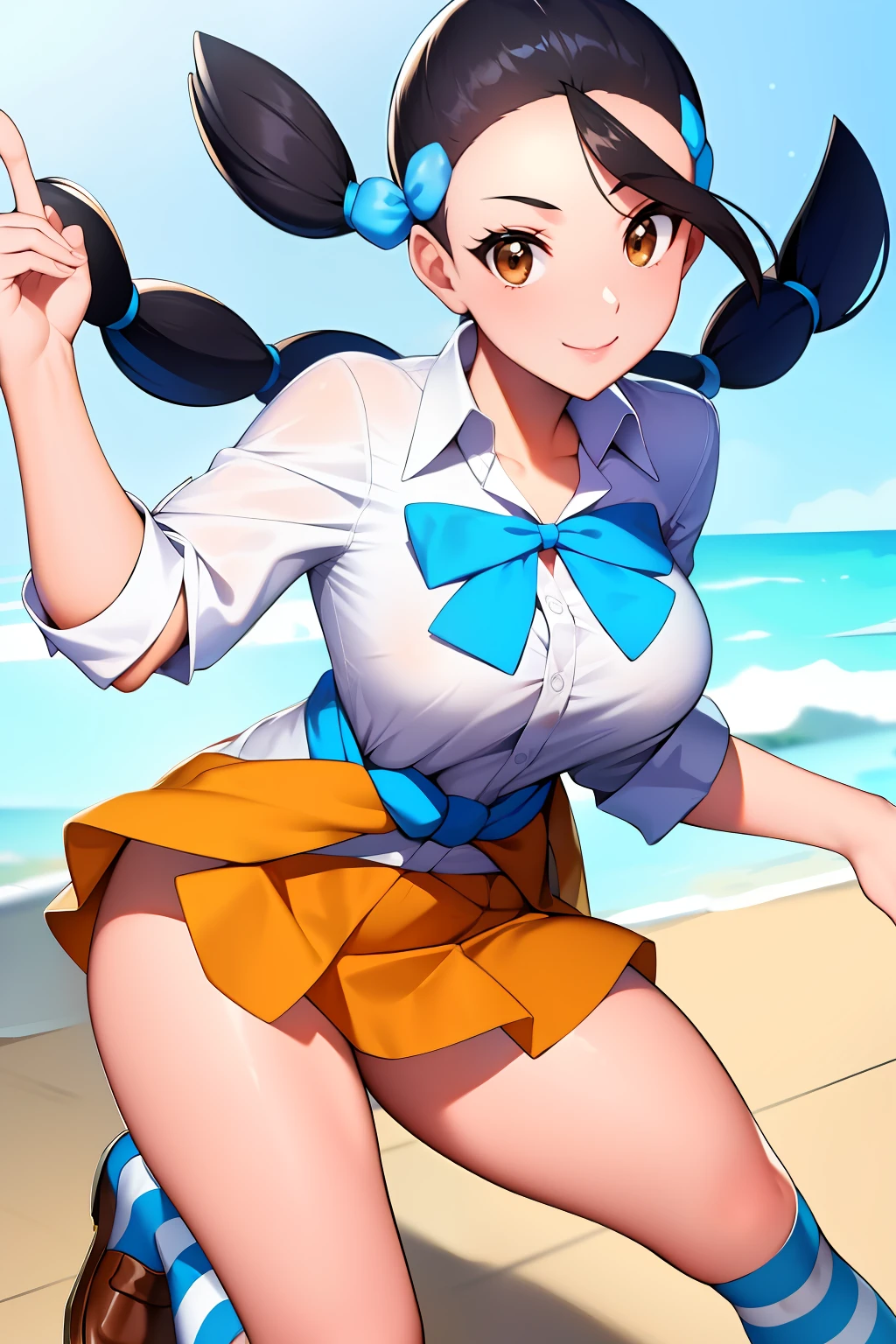 masterpiece, best quality, candice, twintails, bowtie, white shirt, clothes around waist, orange miniskirt , striped socks, loafers, standing, smile, wink, wind lift, no panties, pussy, v sign