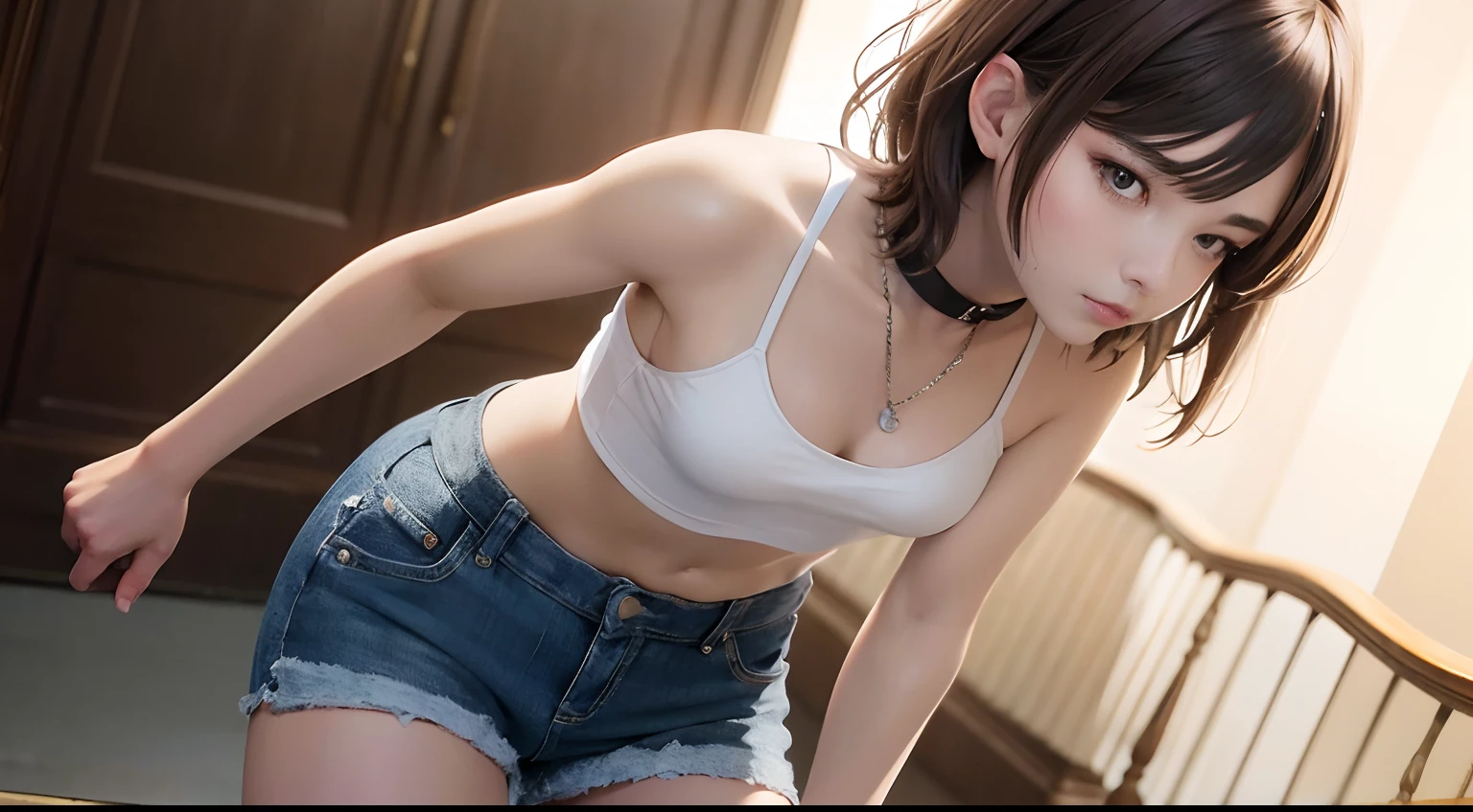 ((medium breast, tomboy girls, small head)), daylight, sunlight, (chiseled abs : 1.1), (perfect body : 1.1), (short wavy hair : 1.2) , auburn hair, collar, chain, full body shot, crowded street, wearing black tanktop, jeans jacket, ((shorts)), (extremely detailed CG 8k wallpaper), (an extremely delicate and beautiful), (masterpiece), (best quality:1.0), (ultra highres:1.0),  beautiful lighting ,perfect lightning, realistic shadows, [highres], detailed skin, ultra-detailed