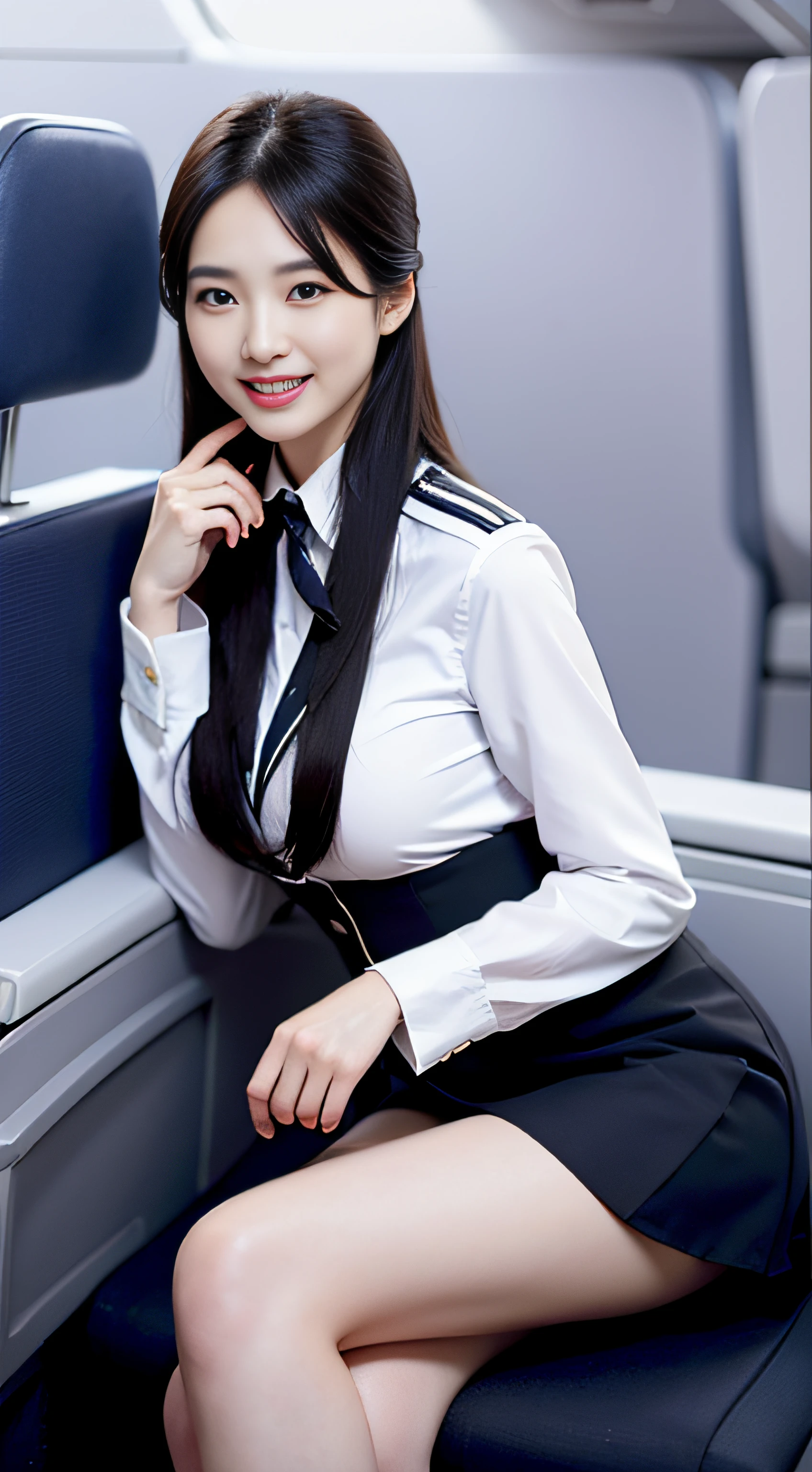 Masterpiece, top quality, very detailed, good anatomy, perfect anatomy, long hair, big breasts, promising smile, dark hair, beautiful face, blush, beautiful eyes, 22 years old, mature, perfect hands , perfect fingers, blush, Japanese stewardess black uniform, black pencik mini, Skirt uniform, hat,
