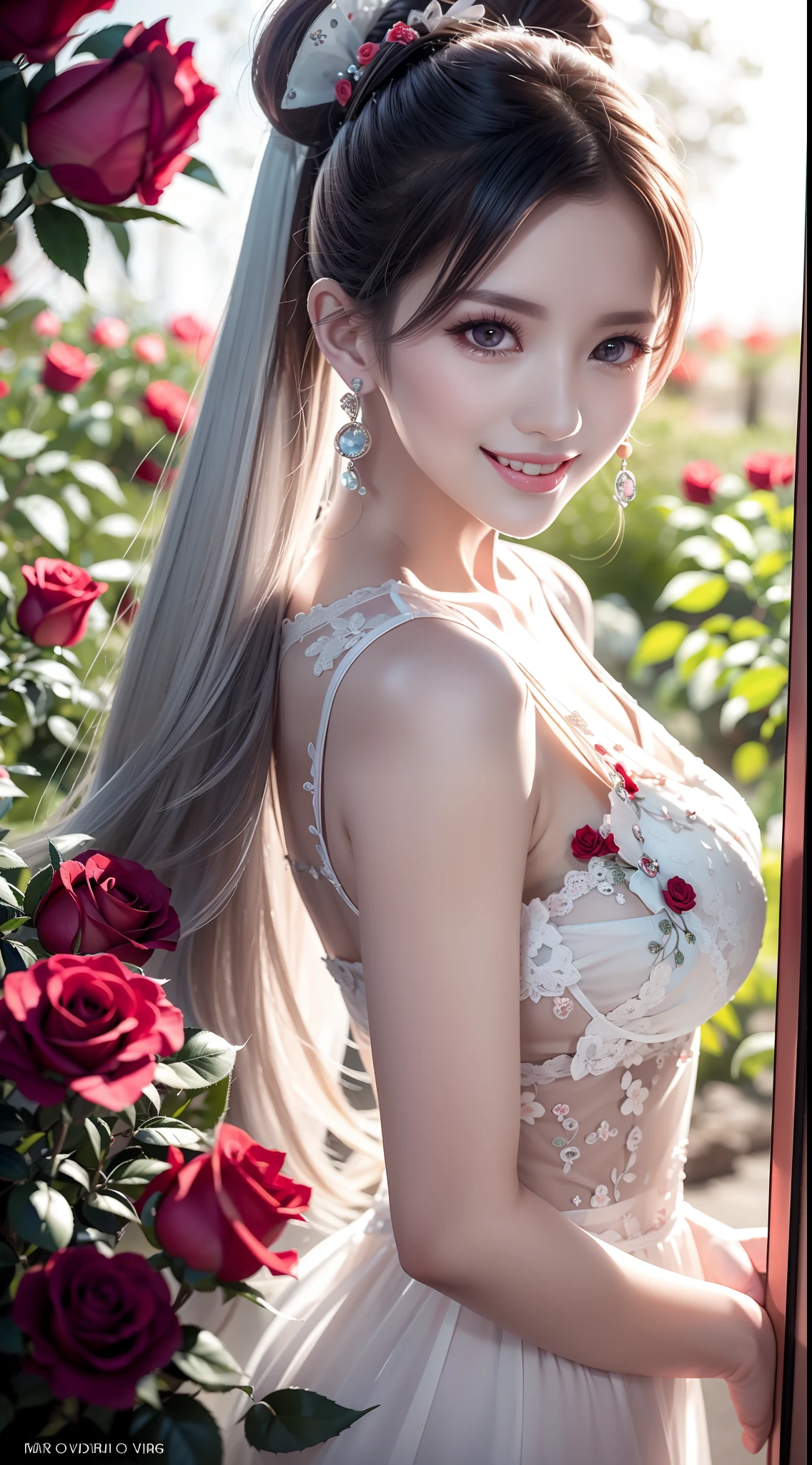 Garden covered with red roses in the background, Silver hair, front ponytail, eyes reflection, Colored Contact Lenses, Pink eyes, Fox earrings, Evil smile, High detail, romanticism lain, Depth of field, Sparkle, Ray tracing, viewfinder, zoom layer, Close-up, Bokeh, Anatomically correct, High details, 1080p, hyper HD