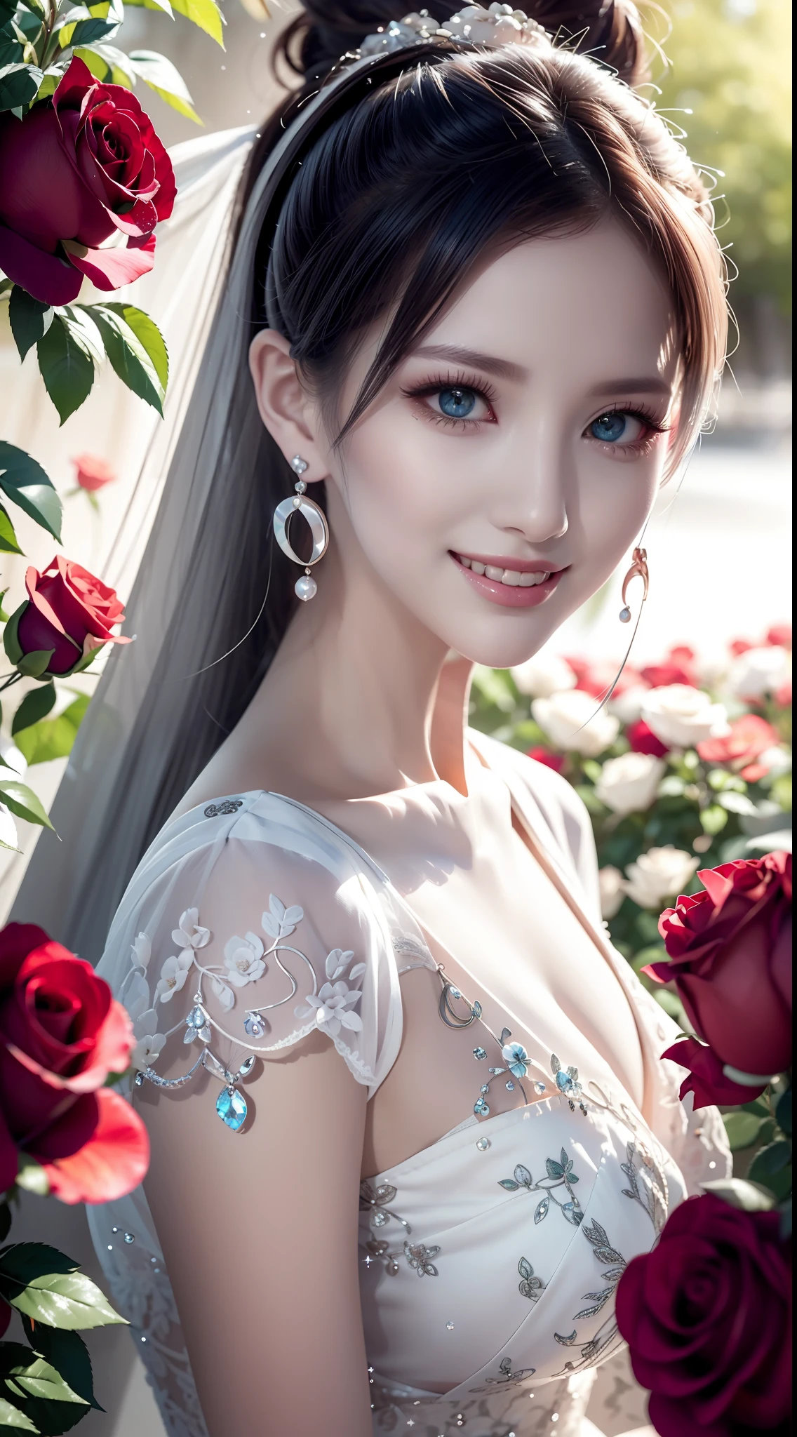 Garden covered with red roses in the background, Silver hair, front ponytail, eyes reflection, Colored Contact Lenses, Pink eyes, Fox earrings, Evil smile, High detail, romanticism lain, Depth of field, Sparkle, Ray tracing, viewfinder, zoom layer, Close-up, Bokeh, Anatomically correct, High details, 1080p, hyper HD