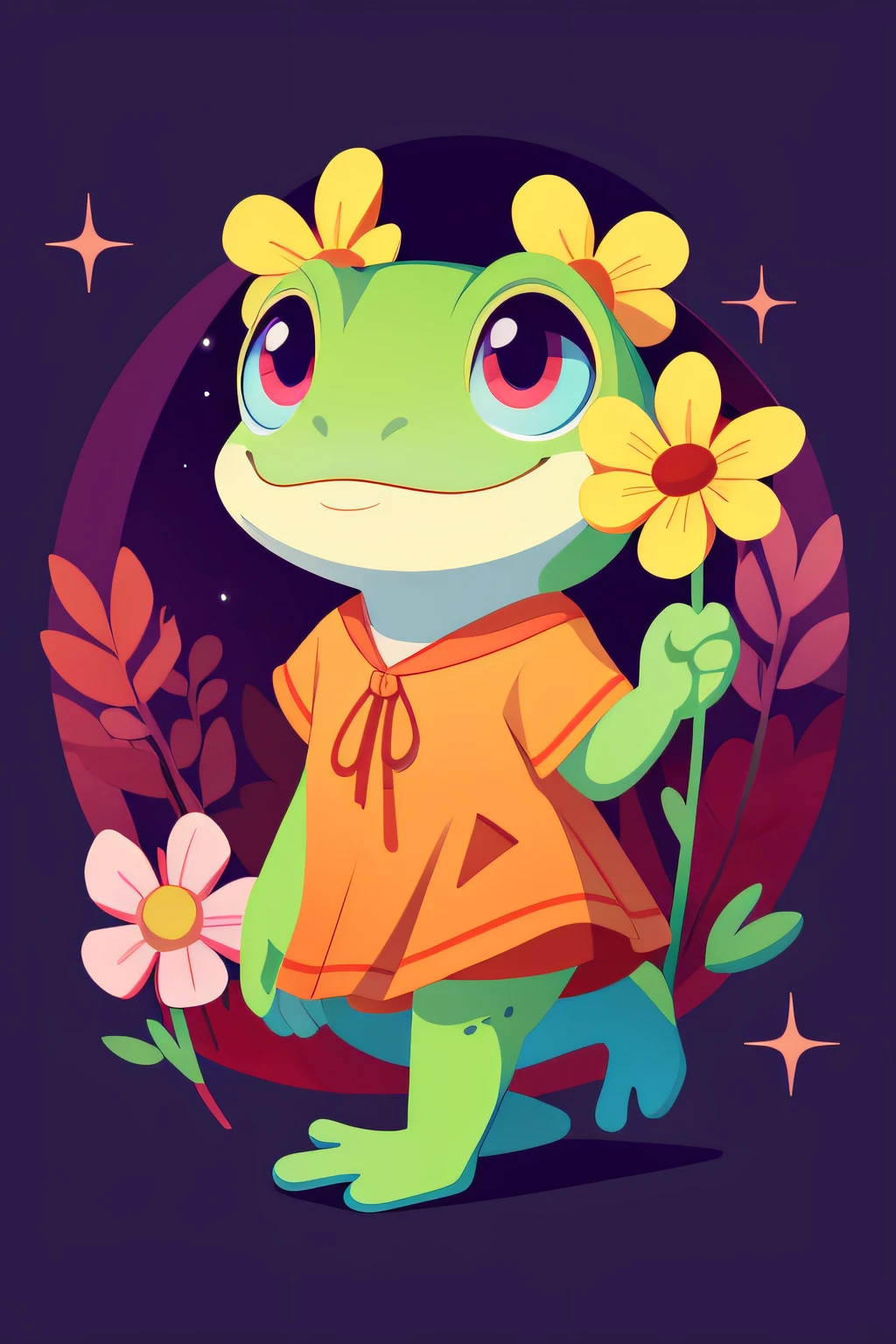 Cute frog walking with flowers in hand,vivd colour,lightand shade contrast,hyper-high detail,4K,flatillustration