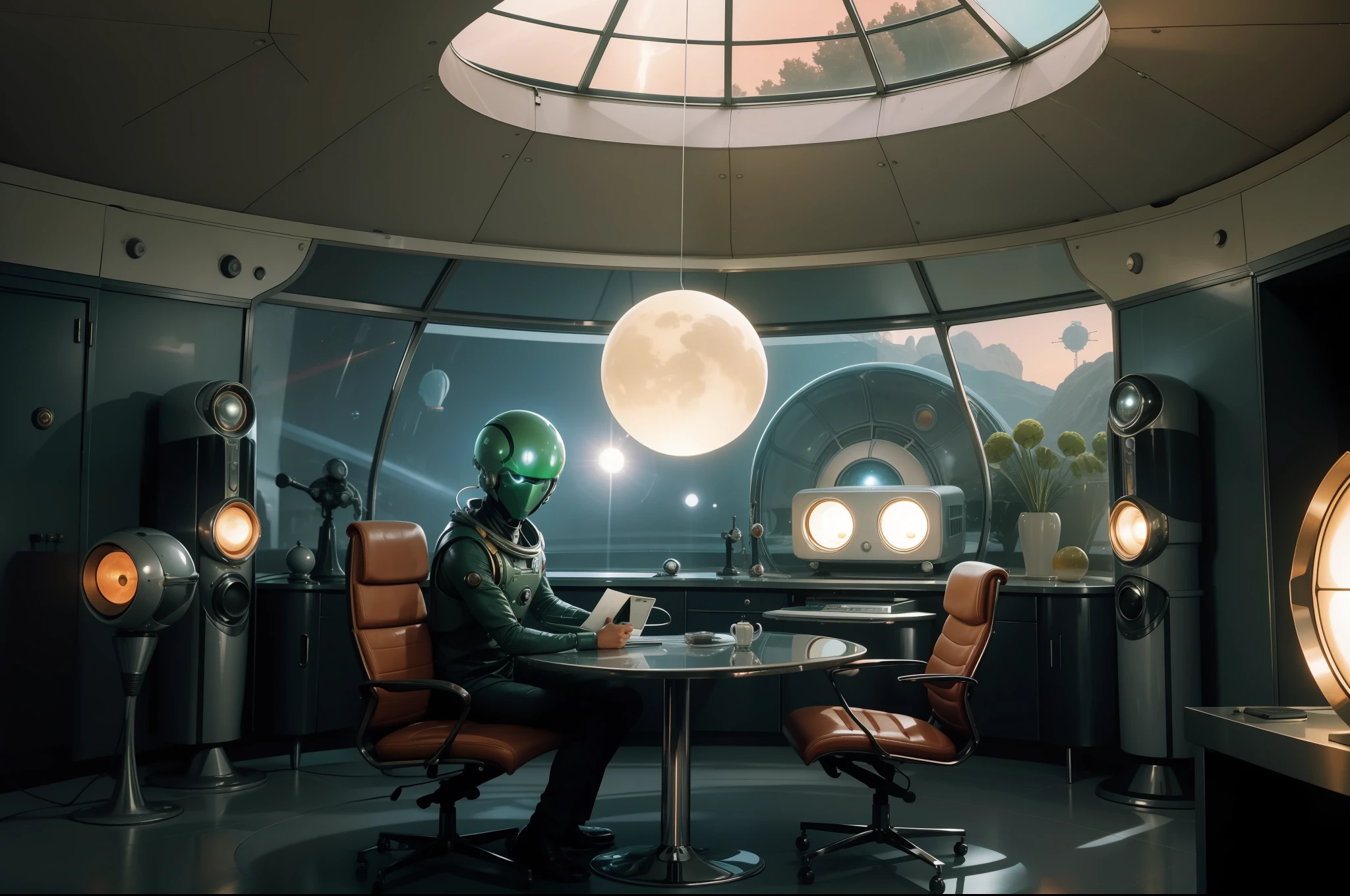 A Martian rearing the top of his brain out of a very big cardbox. Retrofuturistic house as background, big rounded windows, round tv, 1970's style furniture. Colorful image. Illuminated by lamps and light through the windows. Highly detailed. Photorealistic.