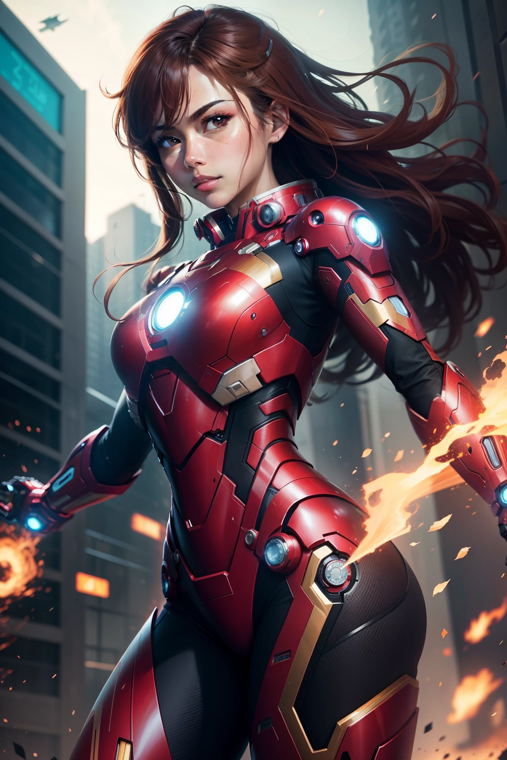 The background of the female version of Iron Man is a modern urban style,She wears a tight red mech costume,Create a futuristic atmosphere full of technology。Hope to have a dynamic pose,Wear a stylish helmet,There is a blazing flame behind it,At the same time, she is armed with a powerful energy weapon,It releases a super strong electromagnetic force field,Form a cool close-up。