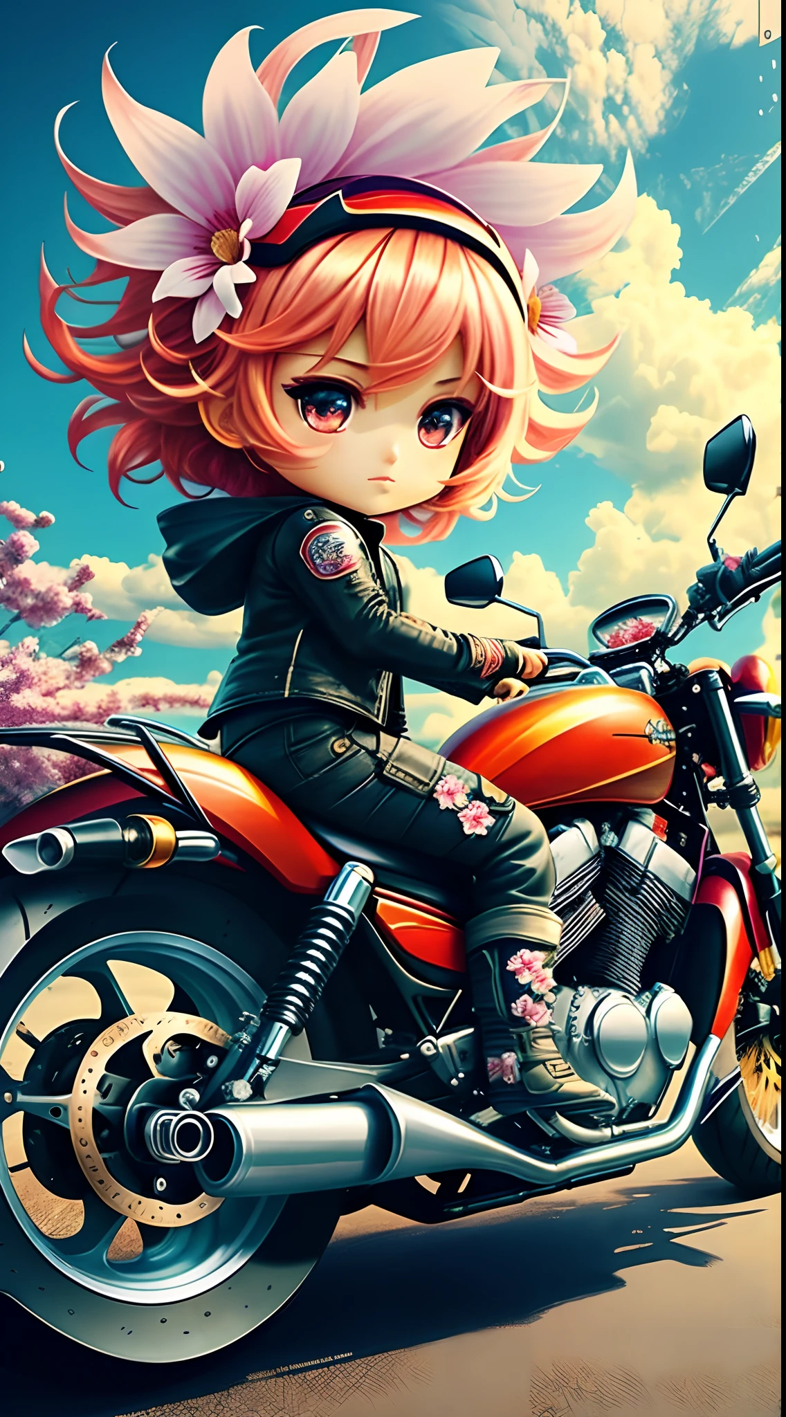 motorcycle,flower,character,Chibi,real,art, explosion,
yang08k, photography, beautiful,  colorful,realistic,
masterpieces, top quality, best quality, official art, beautiful and aesthetic,
