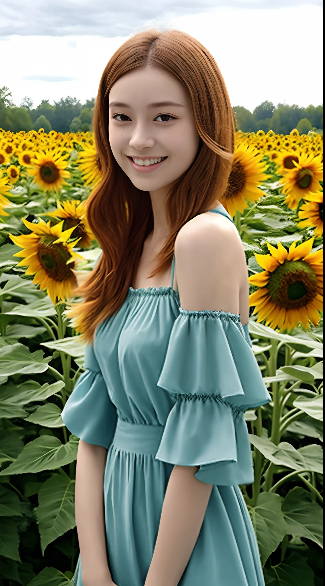 (top-quality、masterpiece:1.2)、ultra-detailliert、(photographrealistic:1.4)、独奏、e lit20yr old、lightsmile、Onepiece、Surrounded by sunflowers、small tits、tiny chest、Sun flower、realistic skin textures、Brown long hair、Off-the-shoulder summer dresses